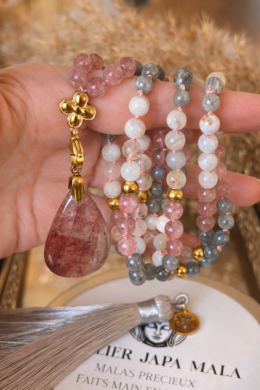 Mala n°50 - Lumière de coeur - Agate fleur de cerisier, Labradorite et Quartz fraise