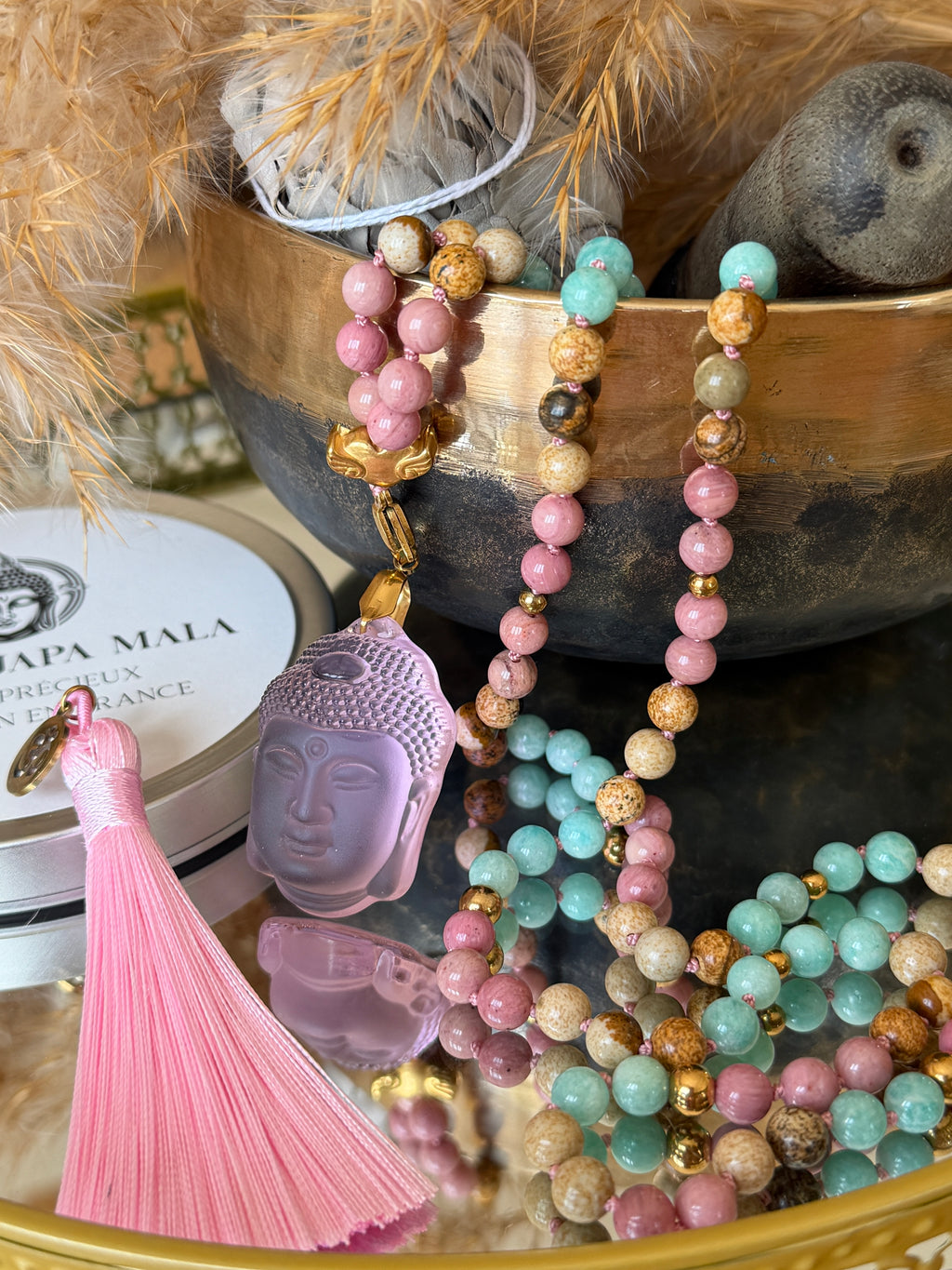 Mala n°113 - Avancer sereinement - Amazonite du Pérou, Jaspe paysage et Rhodonite