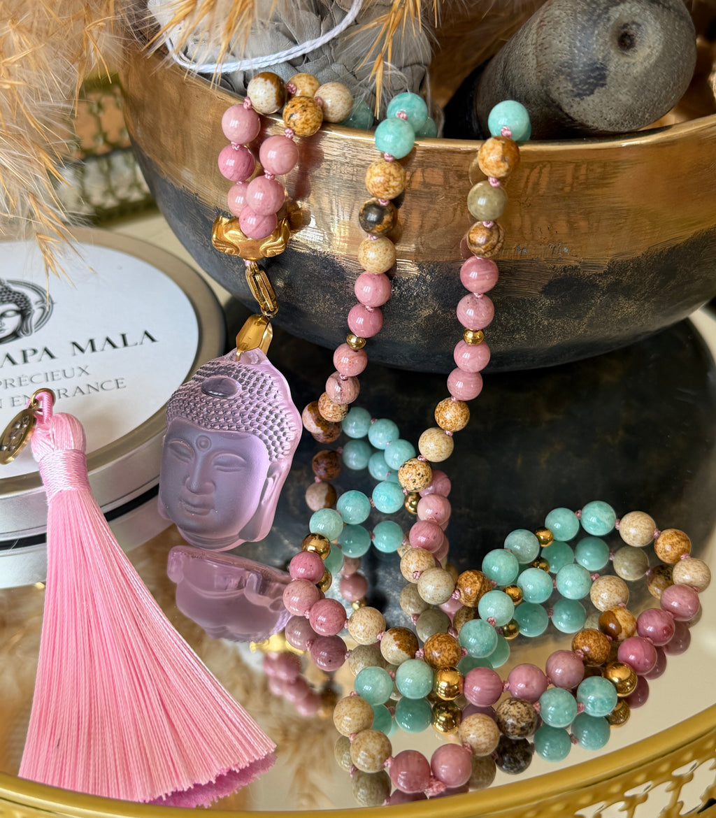 Mala n°113 - Avancer sereinement - Amazonite du Pérou, Jaspe paysage et Rhodonite