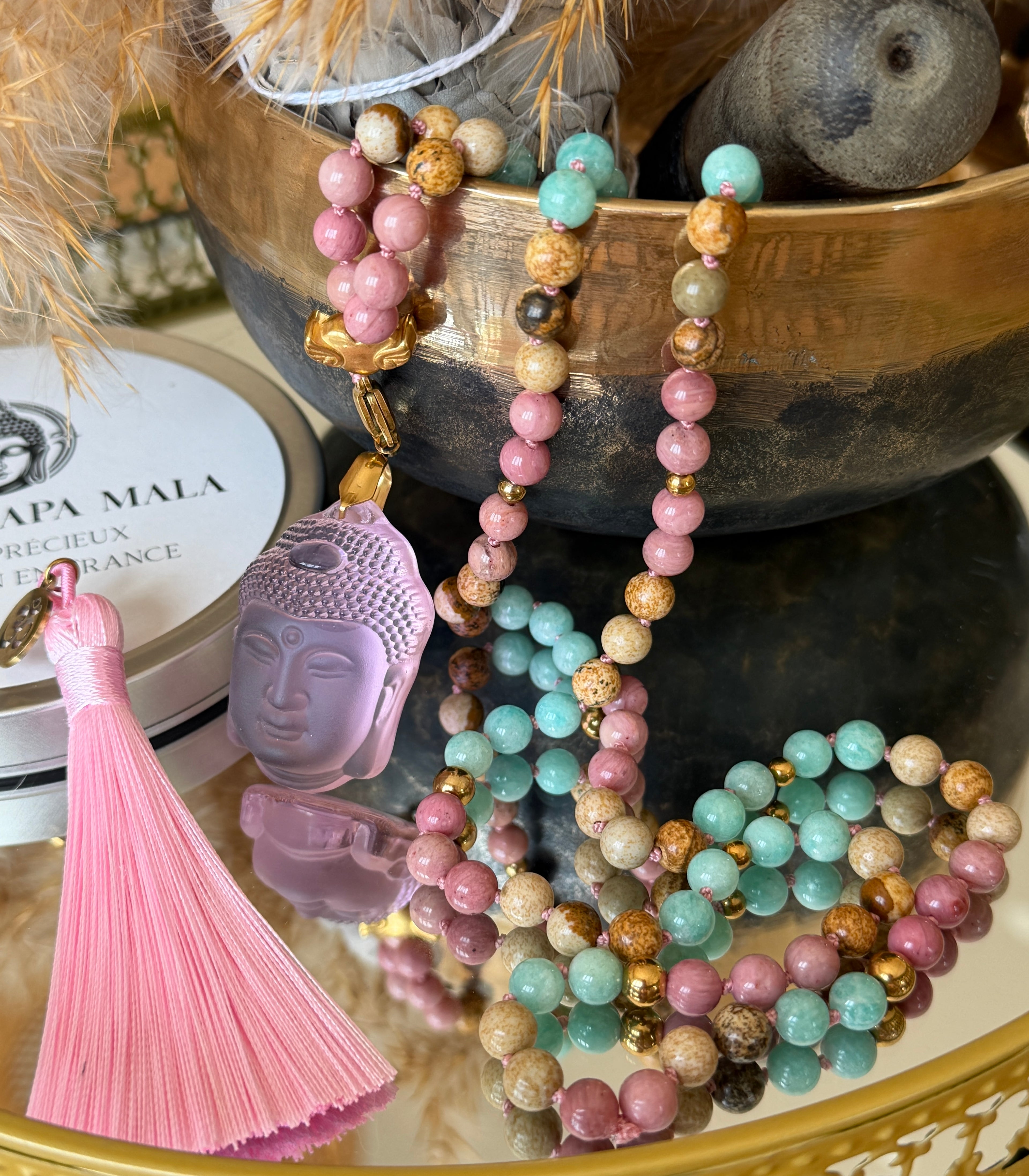 Mala n°113 - Avancer sereinement - Amazonite du Pérou, Jaspe paysage et Rhodonite