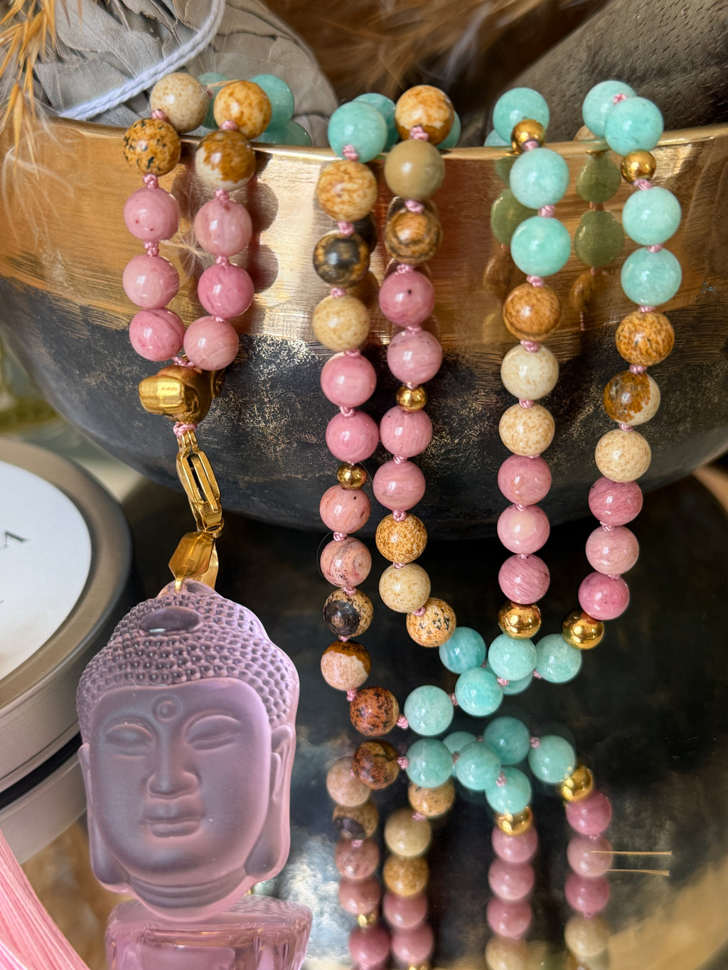 Mala n°113 - Avancer sereinement - Amazonite du Pérou, Jaspe paysage et Rhodonite
