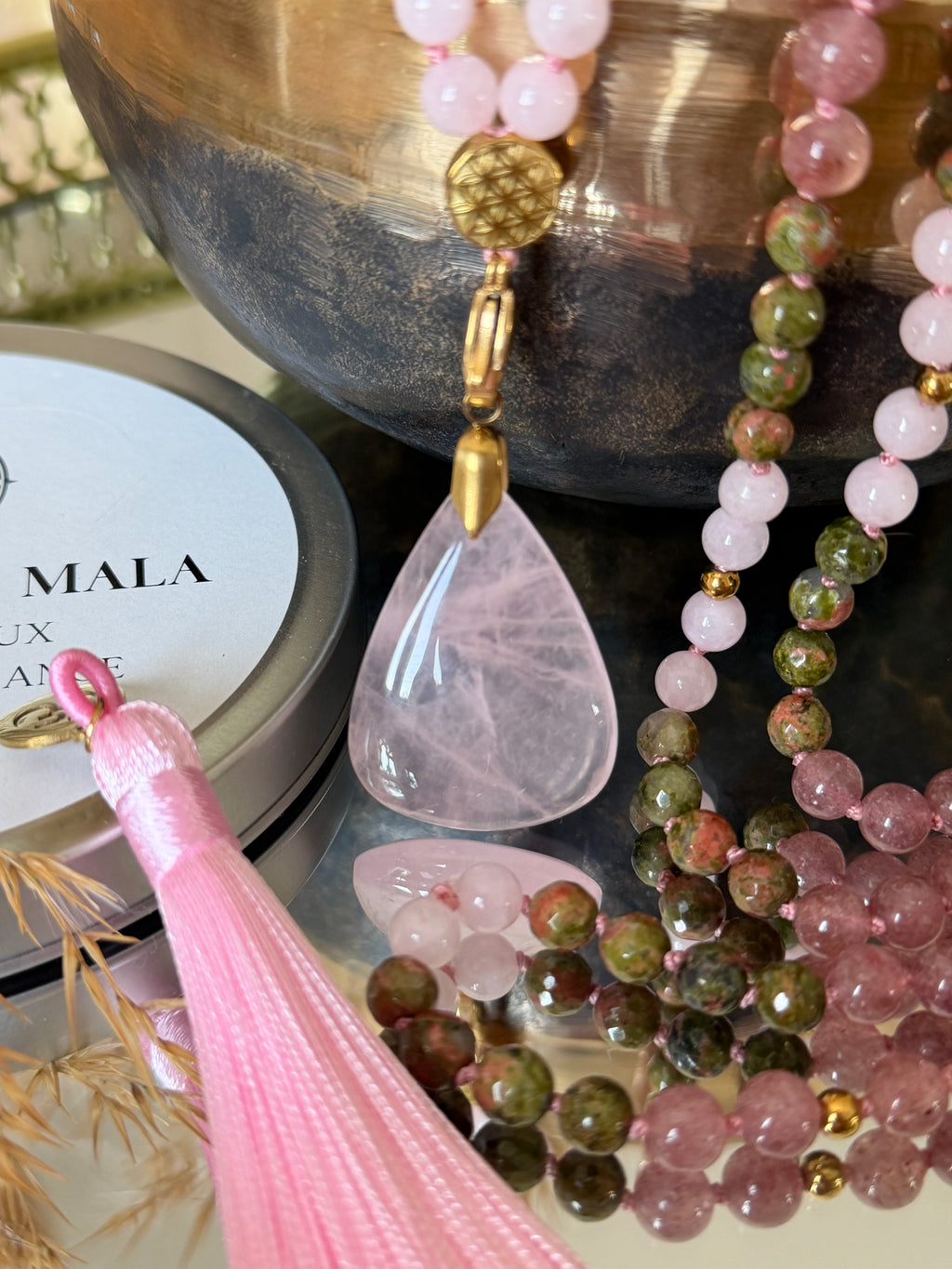 Mala n°118 - Regard Bienveillant - Unakite, Quartz fraise et Quartz rose