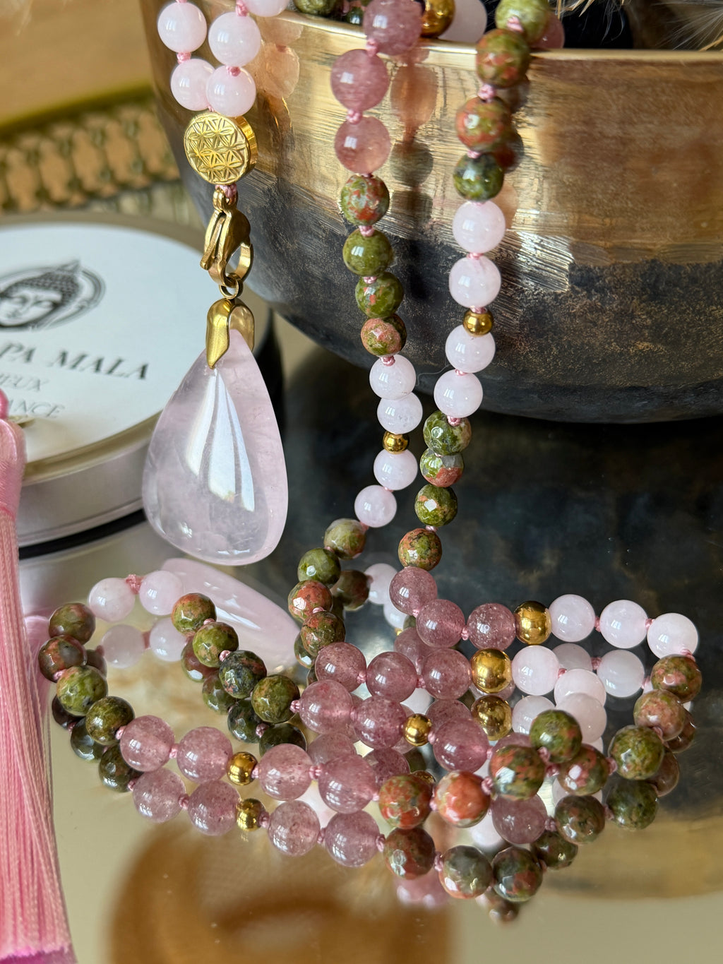 Mala n°118 - Regard Bienveillant - Unakite, Quartz fraise et Quartz rose
