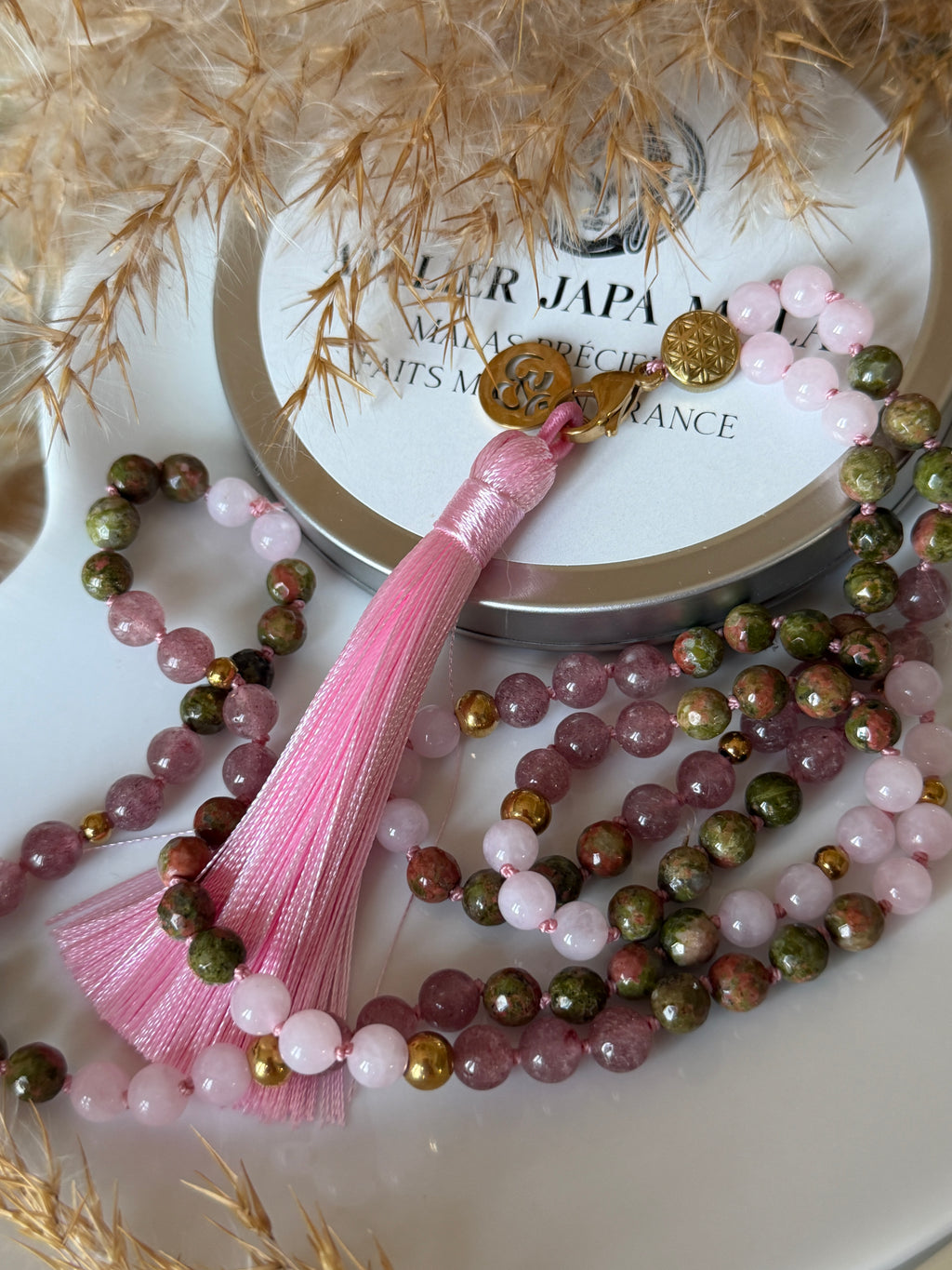 Mala n°118 - Regard Bienveillant - Unakite, Quartz fraise et Quartz rose