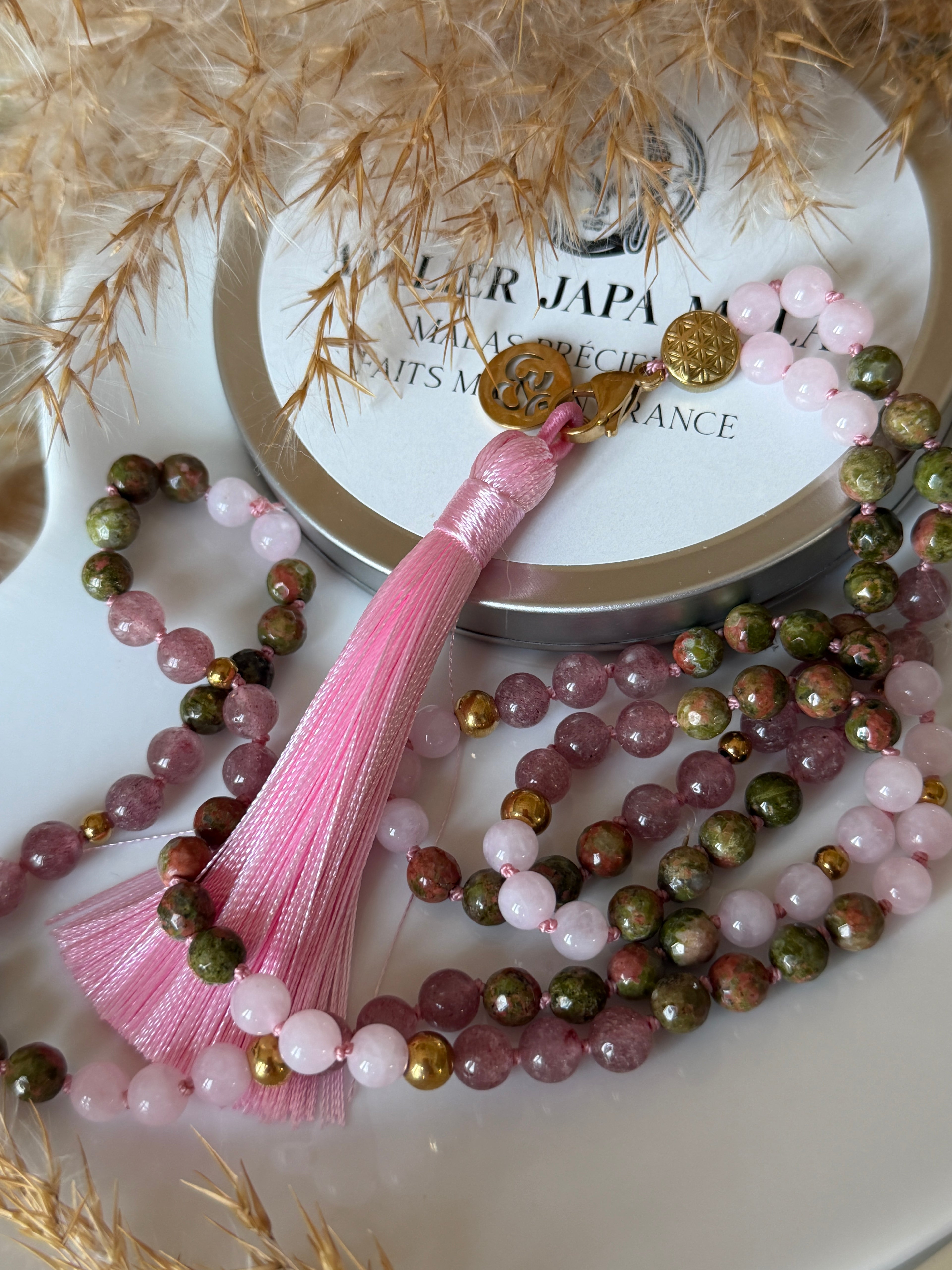 Mala n°118 - Regard Bienveillant - Unakite, Quartz fraise et Quartz rose