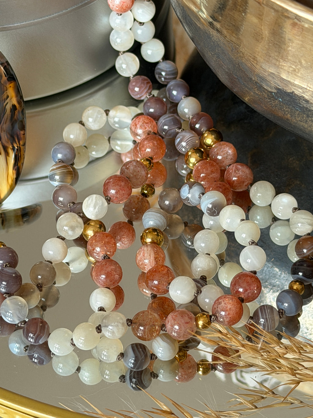 Mala n°120 - Nouveau souffle - Pierre de soleil, Pierre de lune et Agate du Botswana