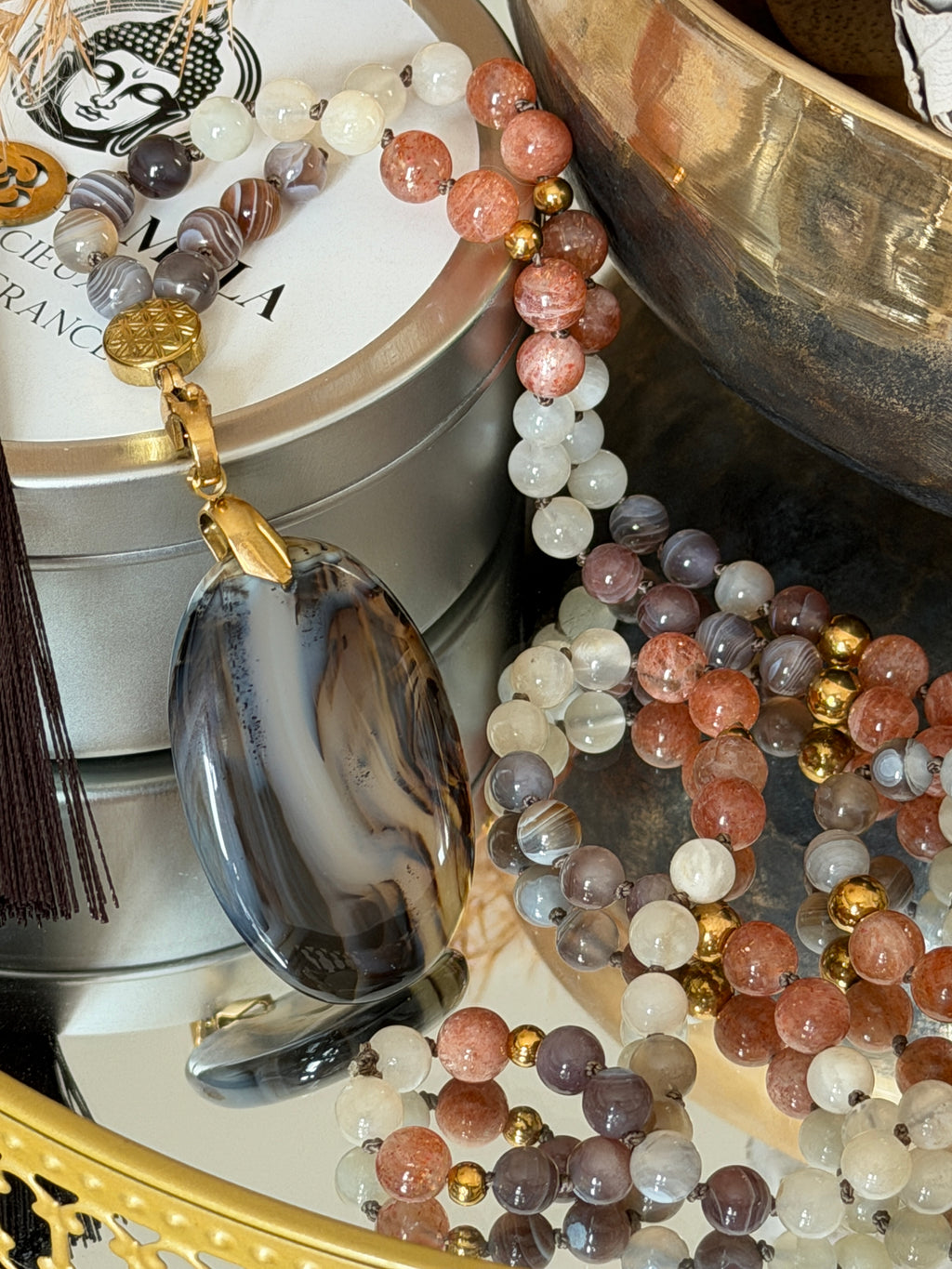 Mala n°120 - Nouveau souffle - Pierre de soleil, Pierre de lune et Agate du Botswana
