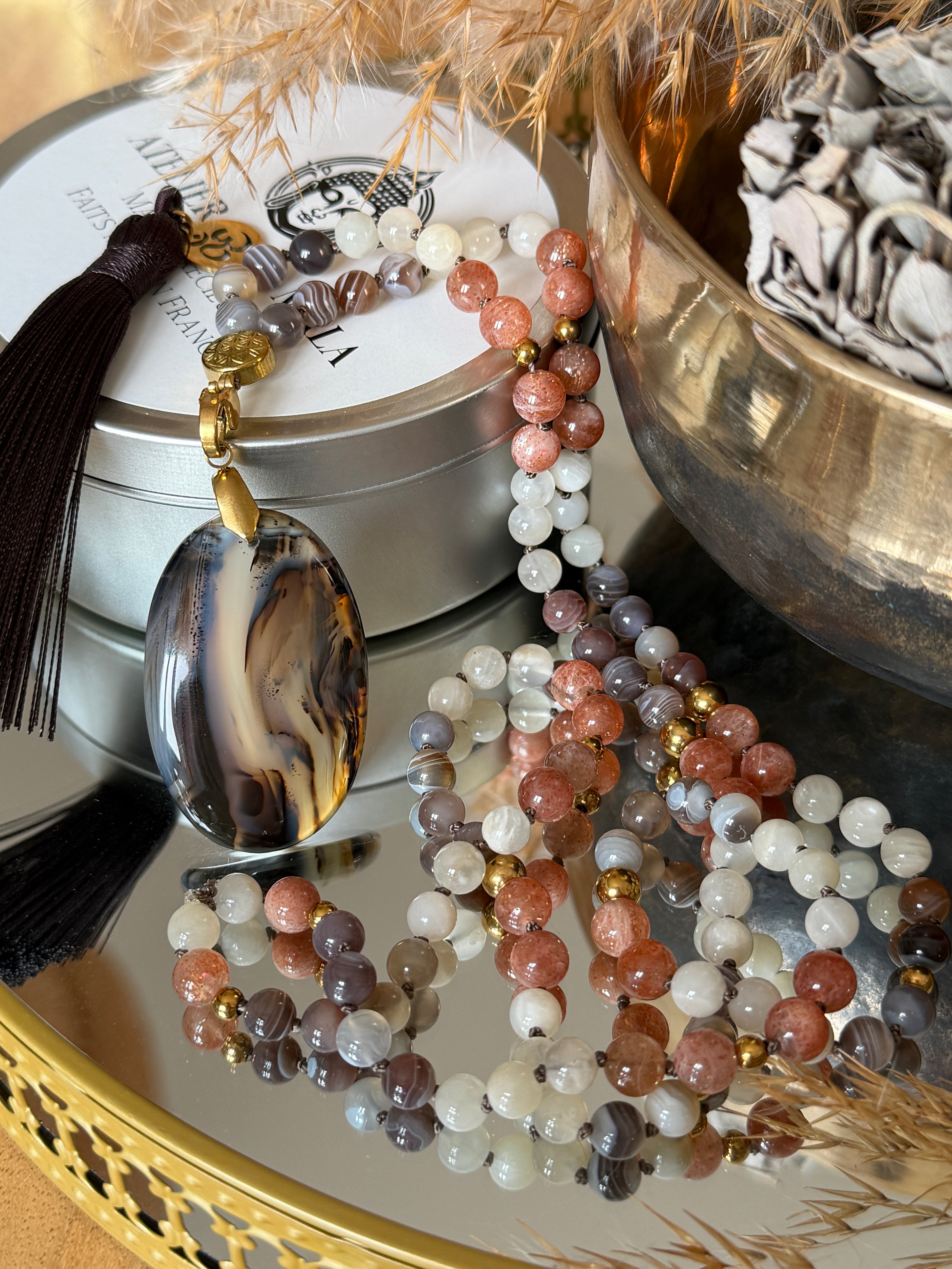Mala n°120 - Nouveau souffle - Pierre de soleil, Pierre de lune et Agate du Botswana
