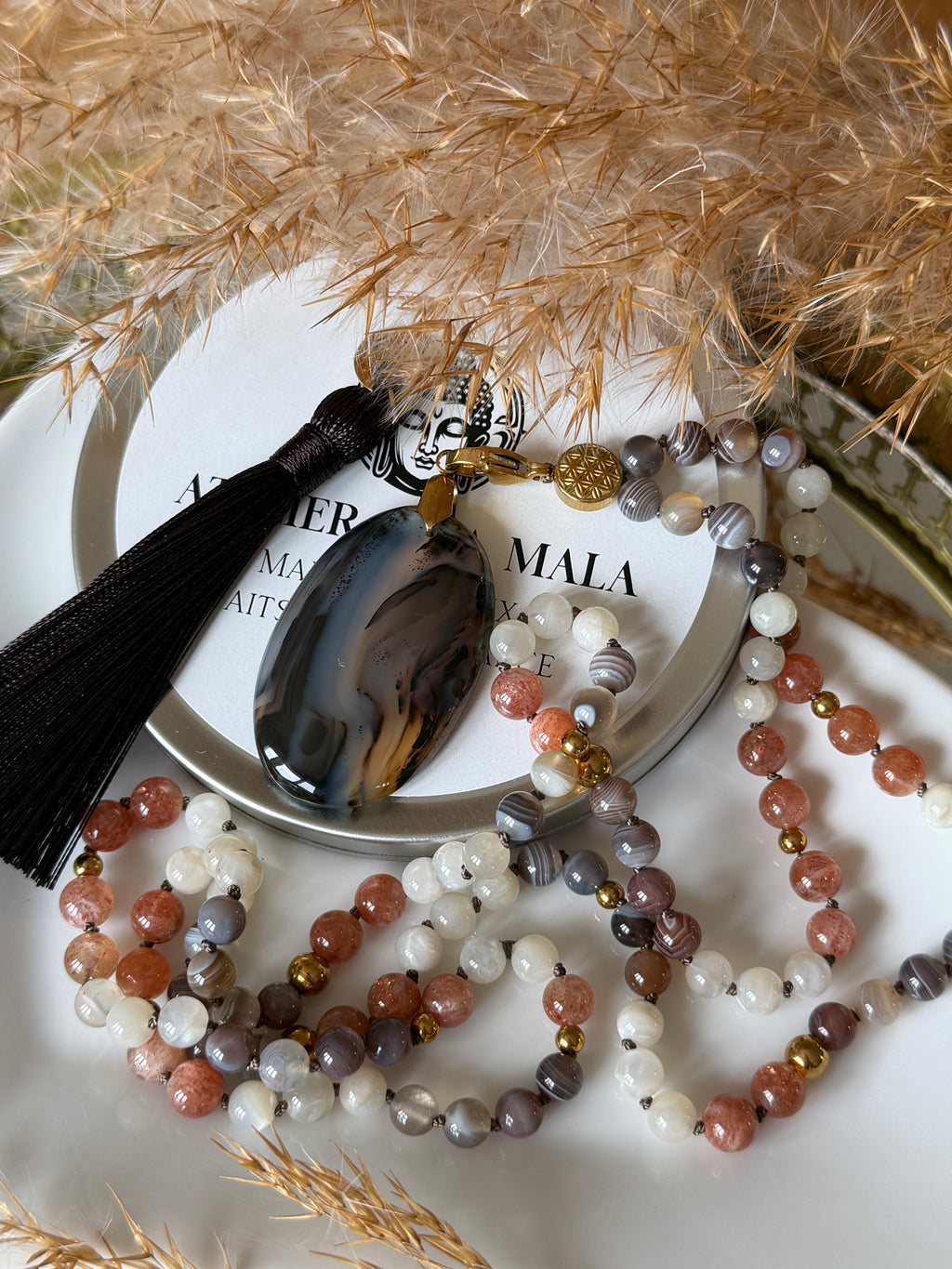 Mala n°120 - Nouveau souffle - Pierre de soleil, Pierre de lune et Agate du Botswana