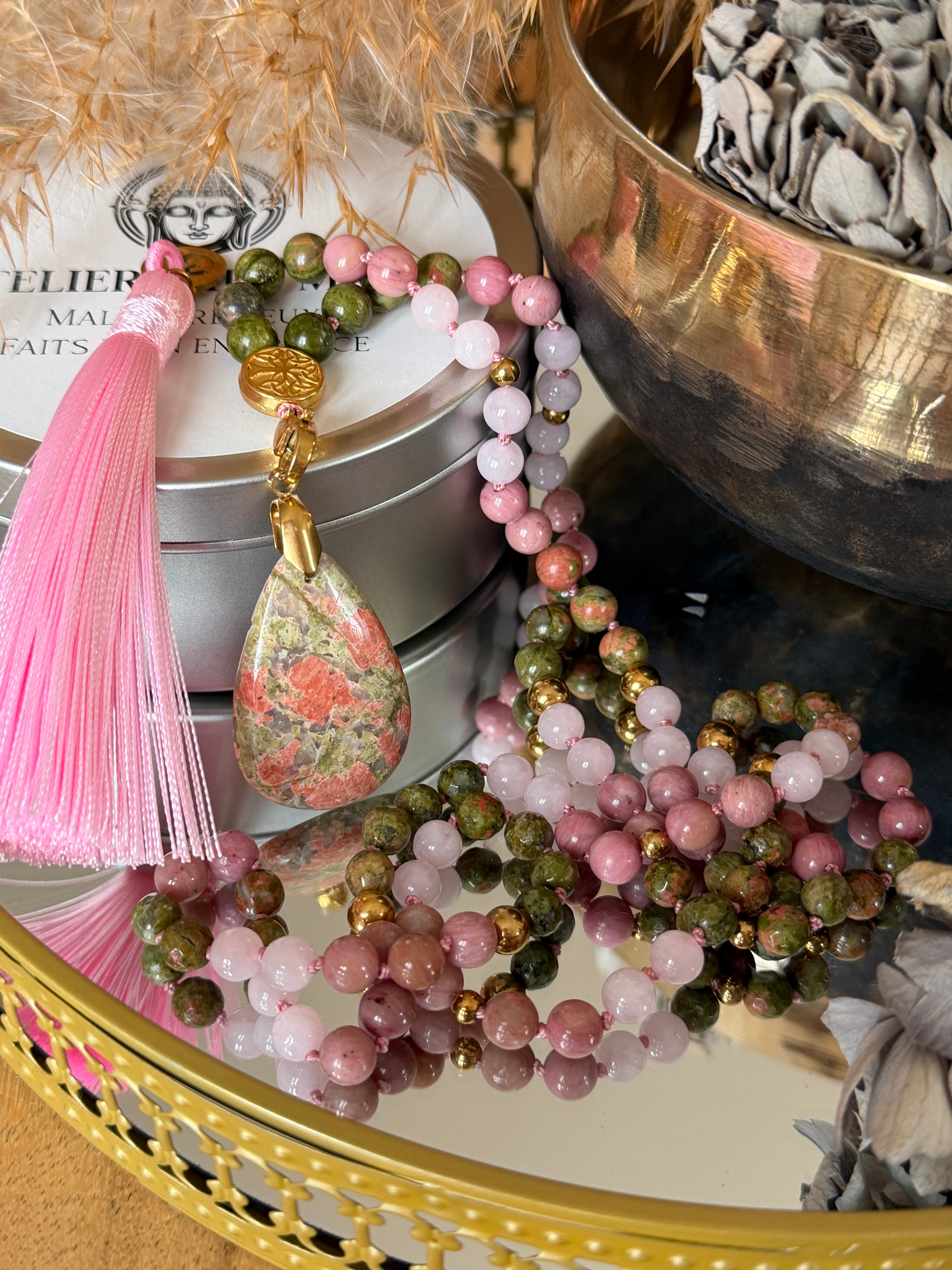 Mala n°109 - Réconciliation - Unakite, Rhodonite et Quartz rose