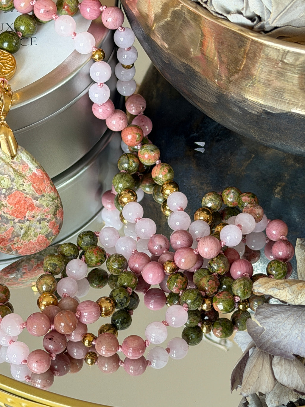 Mala n°109 - Réconciliation - Unakite, Rhodonite et Quartz rose