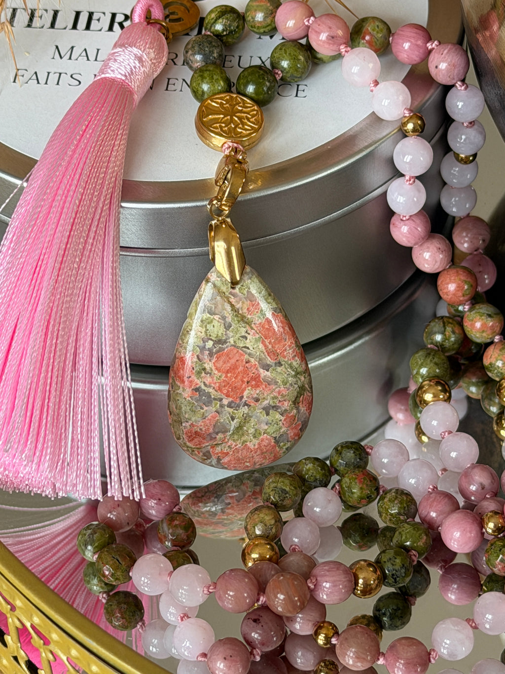 Mala n°109 - Réconciliation - Unakite, Rhodonite et Quartz rose