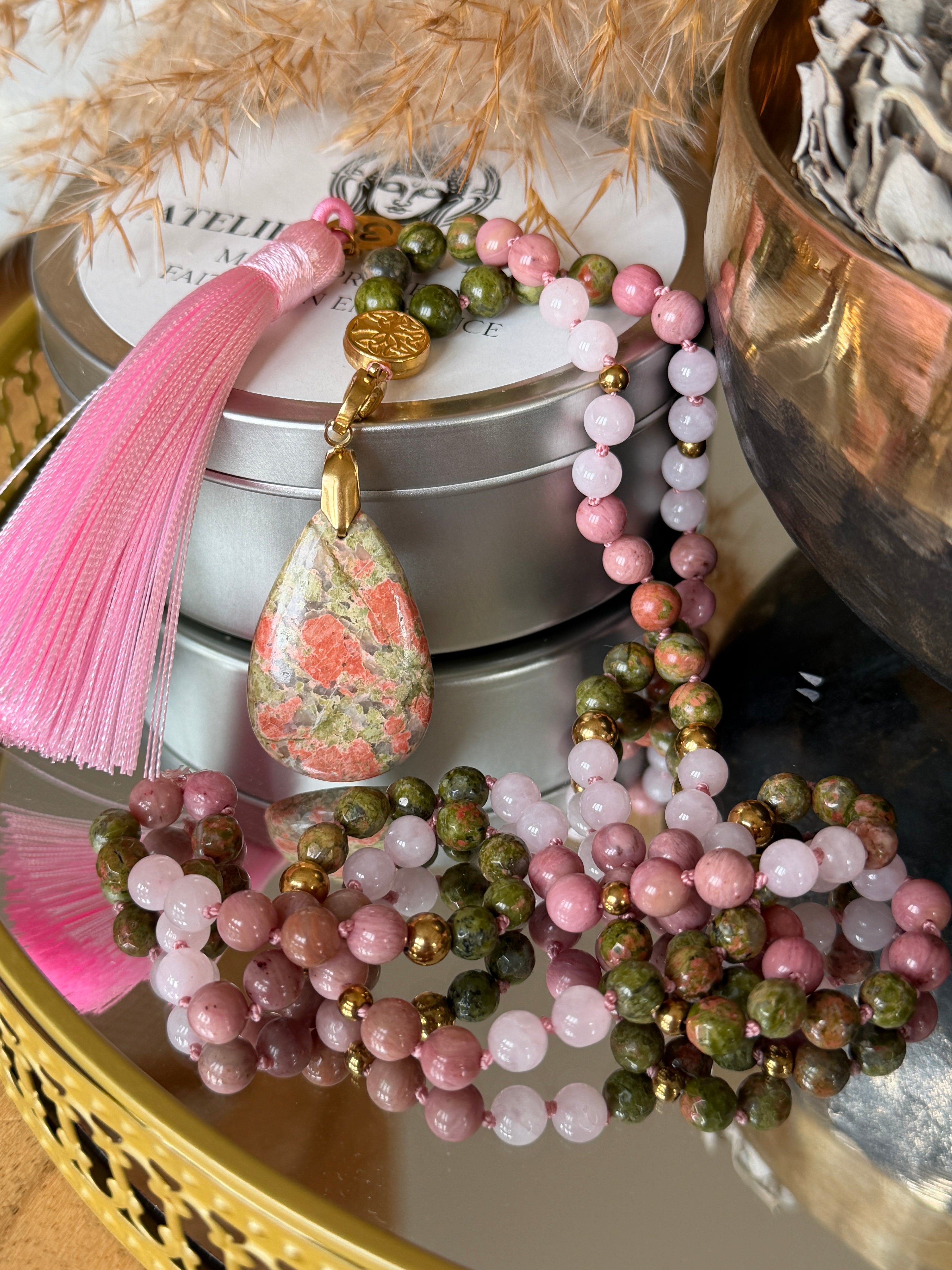 Mala n°109 - Réconciliation - Unakite, Rhodonite et Quartz rose
