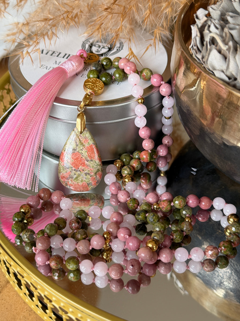 Mala n°109 - Réconciliation - Unakite, Rhodonite et Quartz rose
