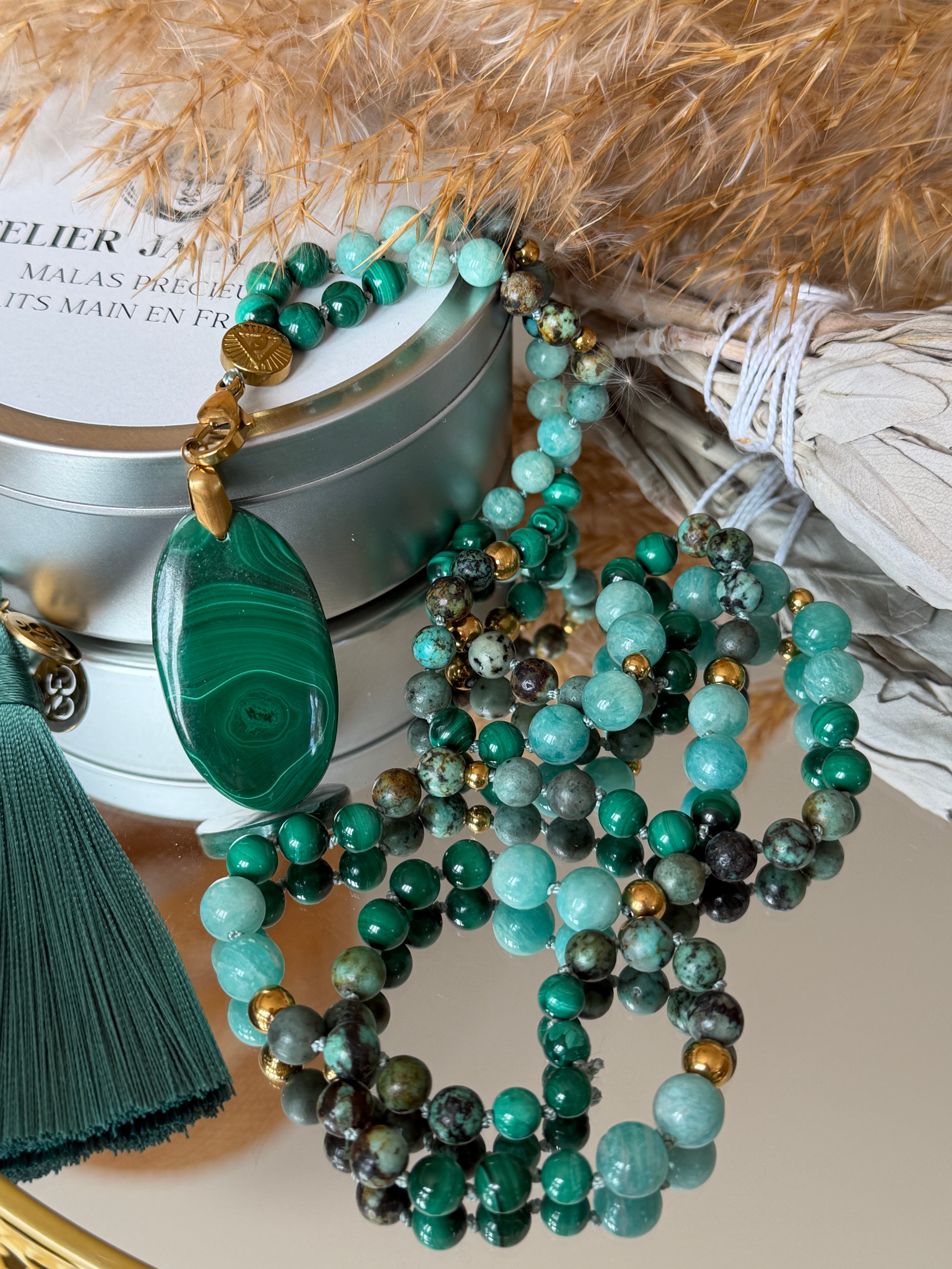 Mala n°108 - (Re)lâcher la pression mentale - Malachite, Amazonite du Pérou et Turquoise d'Afrique