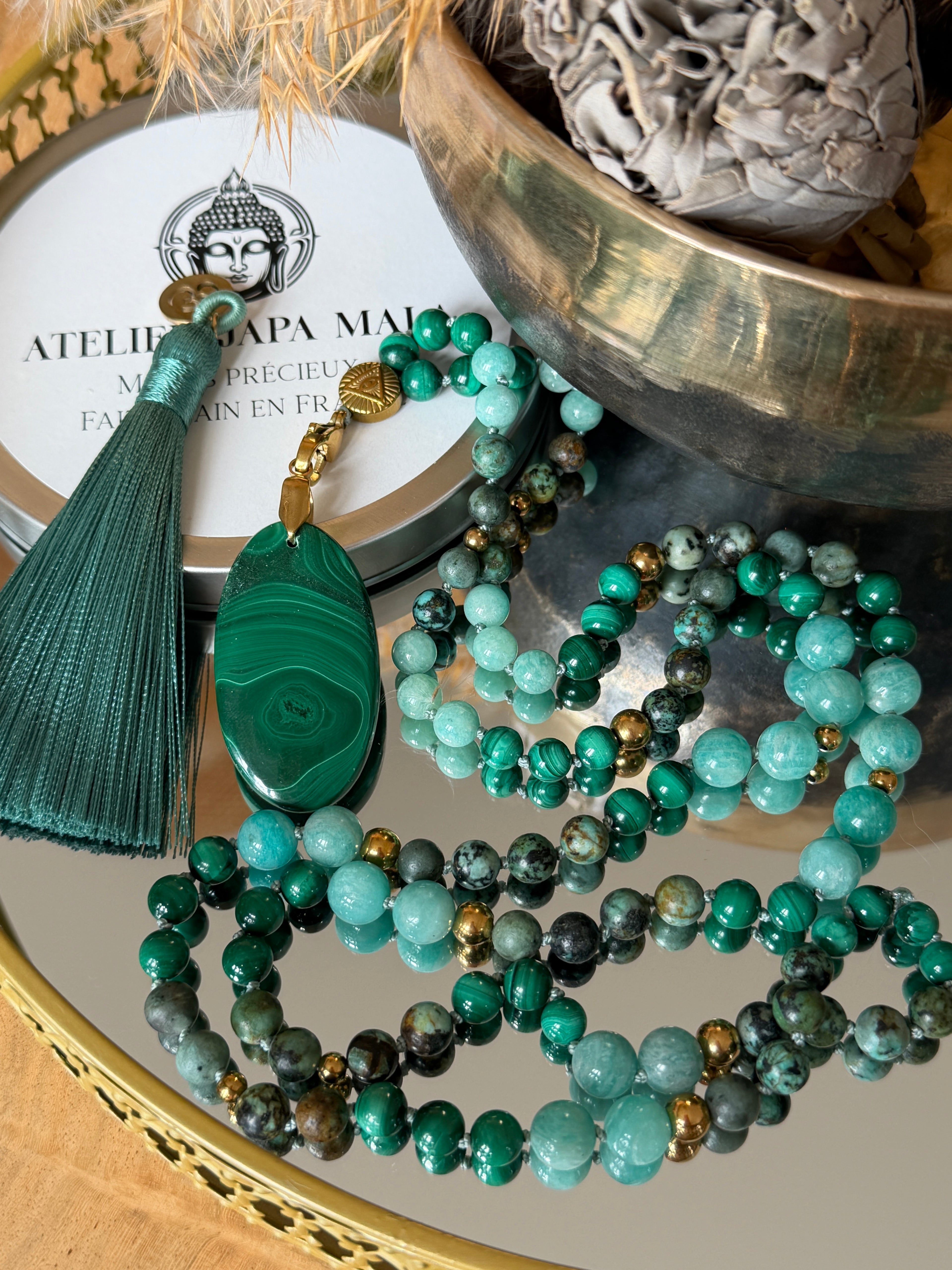 Mala n°108 - (Re)lâcher la pression mentale - Malachite, Amazonite du Pérou et Turquoise d'Afrique