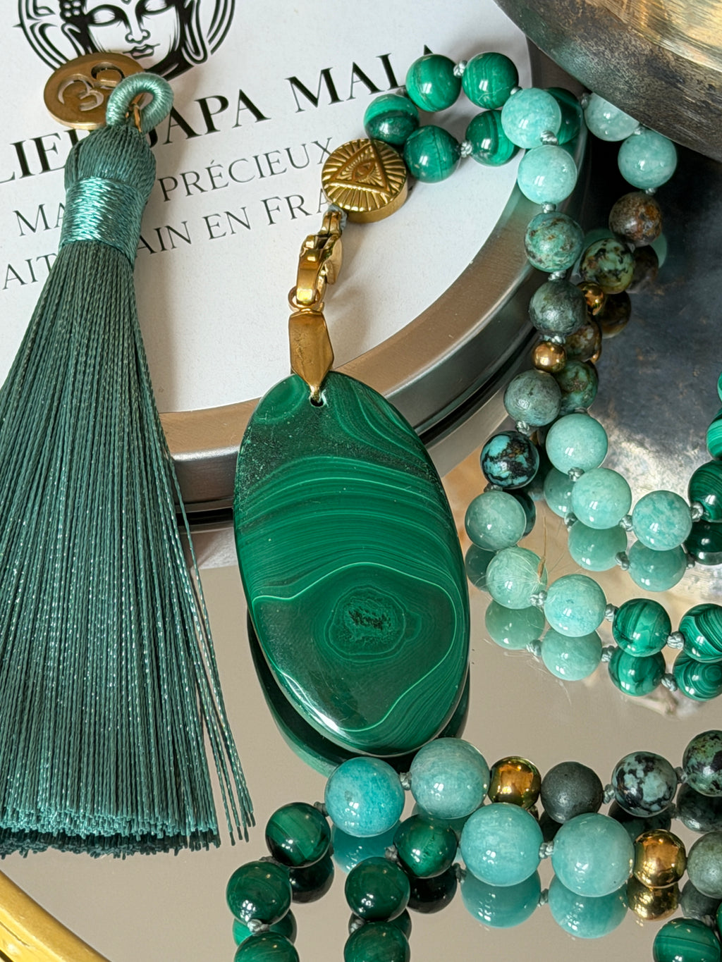 Mala n°108 - (Re)lâcher la pression mentale - Malachite, Amazonite du Pérou et Turquoise d'Afrique