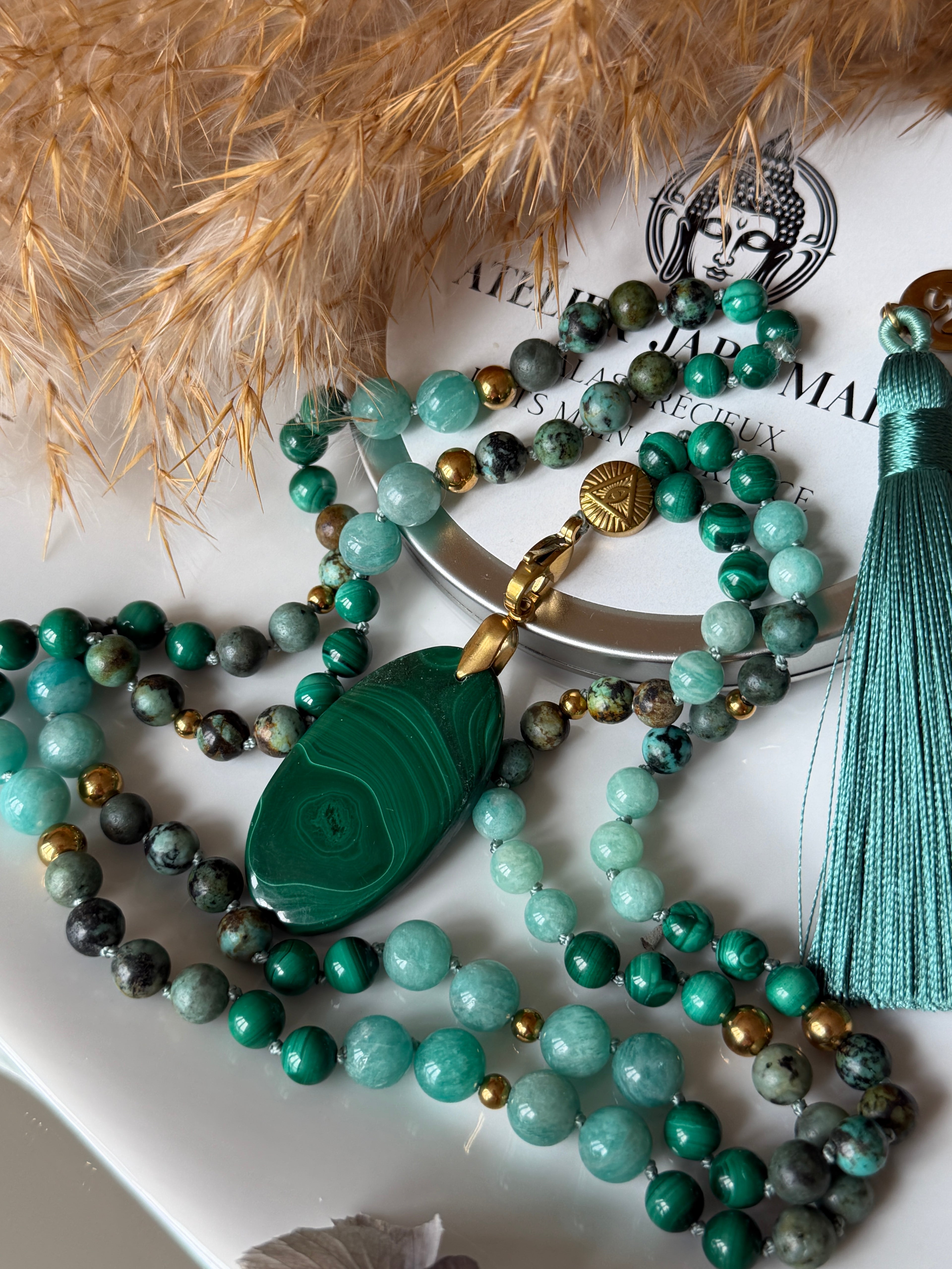 Mala n°108 - (Re)lâcher la pression mentale - Malachite, Amazonite du Pérou et Turquoise d'Afrique