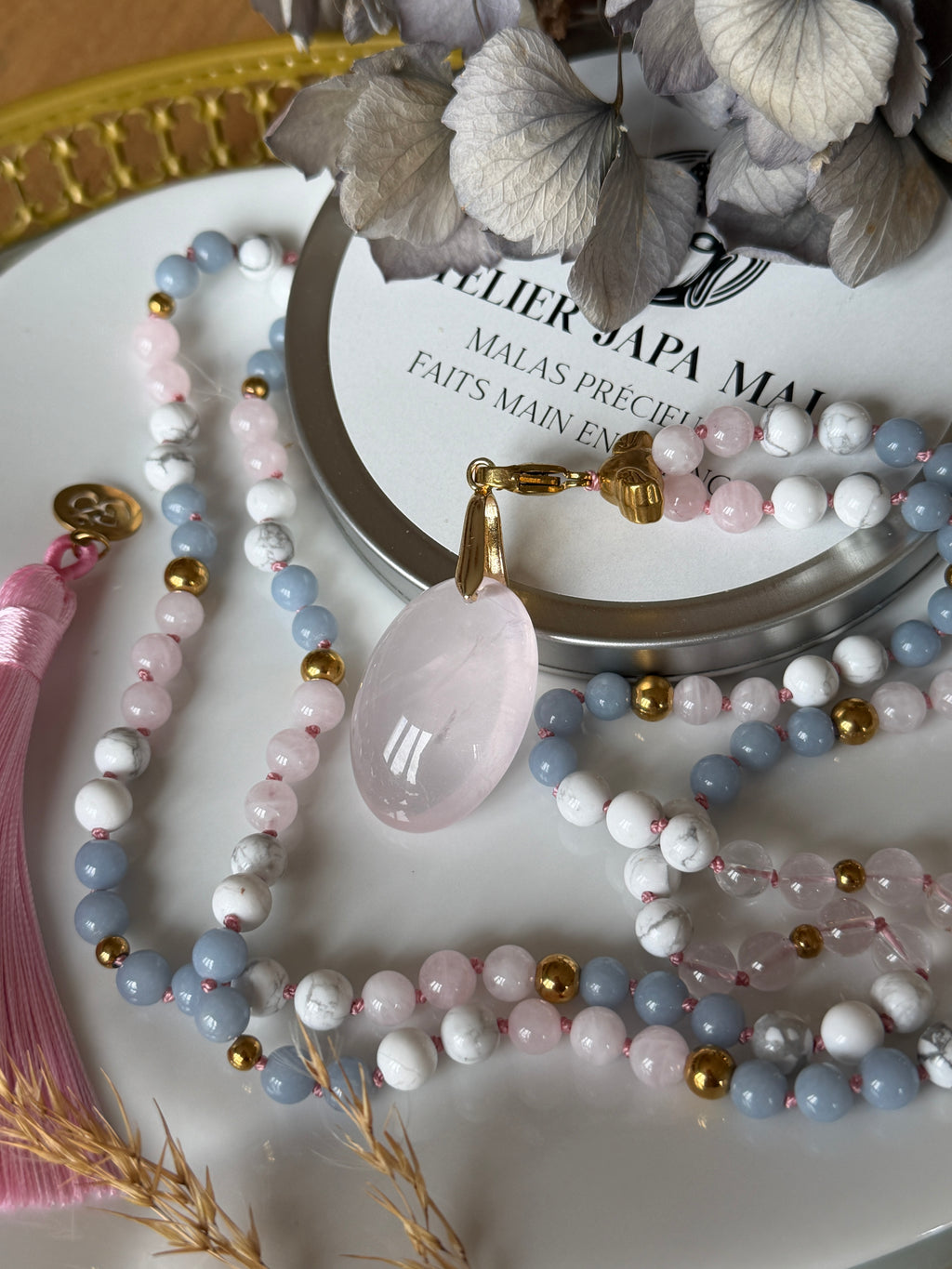 Mala n°105 - Voix intérieure - Angélite, Howlite et Quartz rose