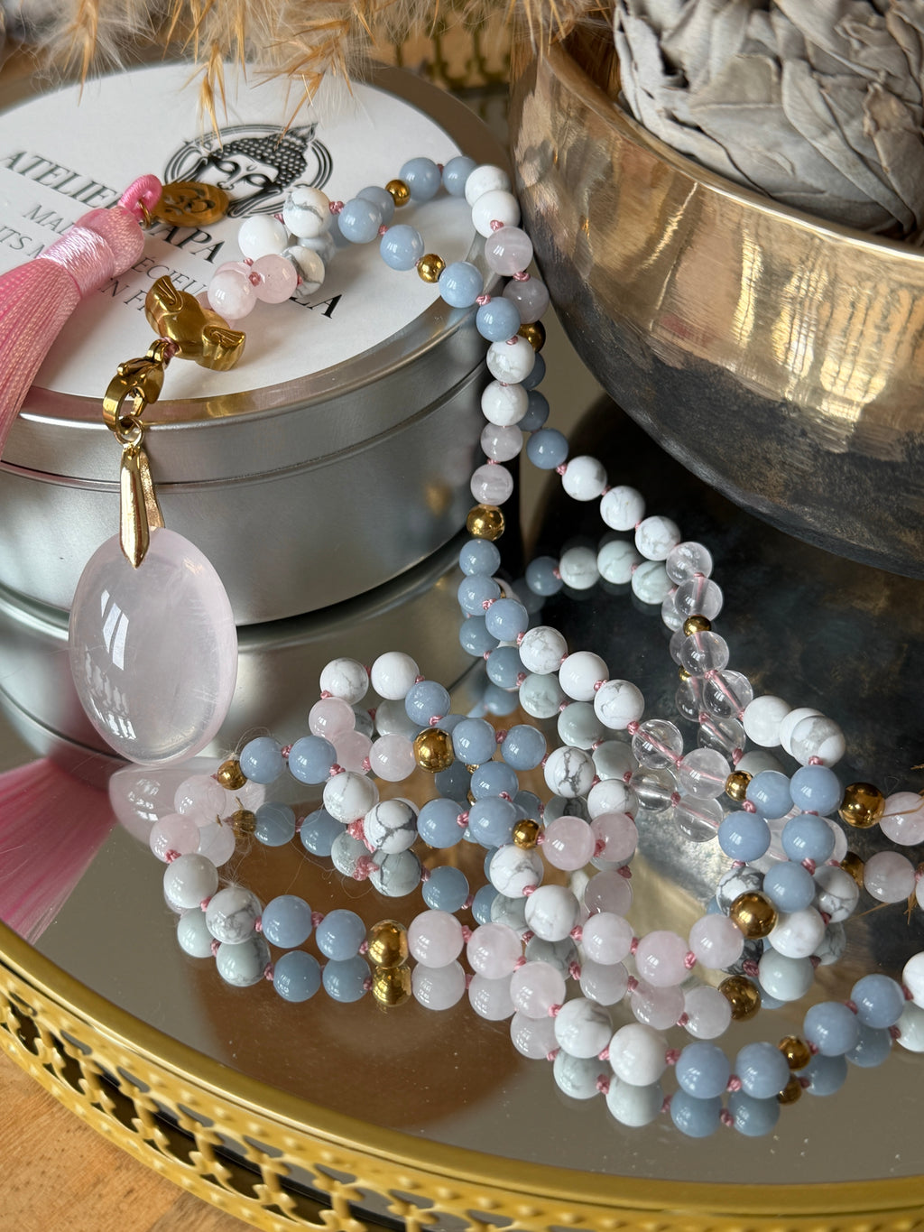 Mala n°105 - Voix intérieure - Angélite, Howlite et Quartz rose