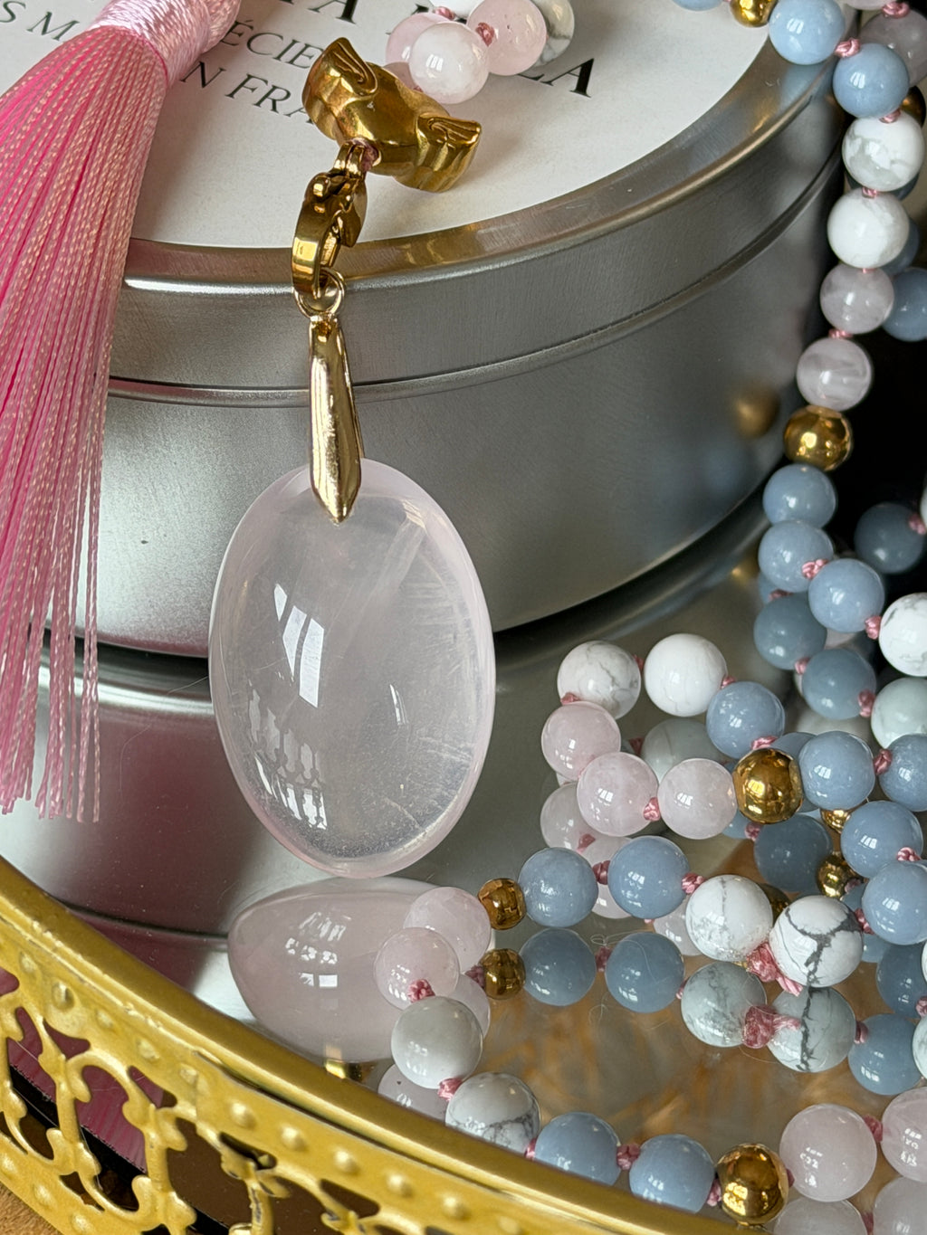 Mala n°105 - Voix intérieure - Angélite, Howlite et Quartz rose
