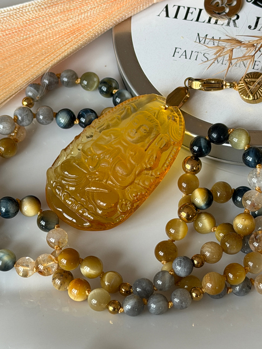 Mala n°114 - Oser rayonner - Oeil de tigre gris, Citrine, Labradorite et Oeil de tigre doré