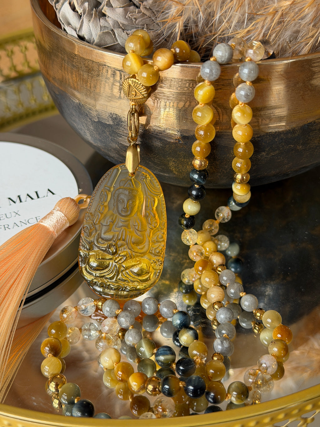 Mala n°114 - Oser rayonner - Oeil de tigre gris, Citrine, Labradorite et Oeil de tigre doré