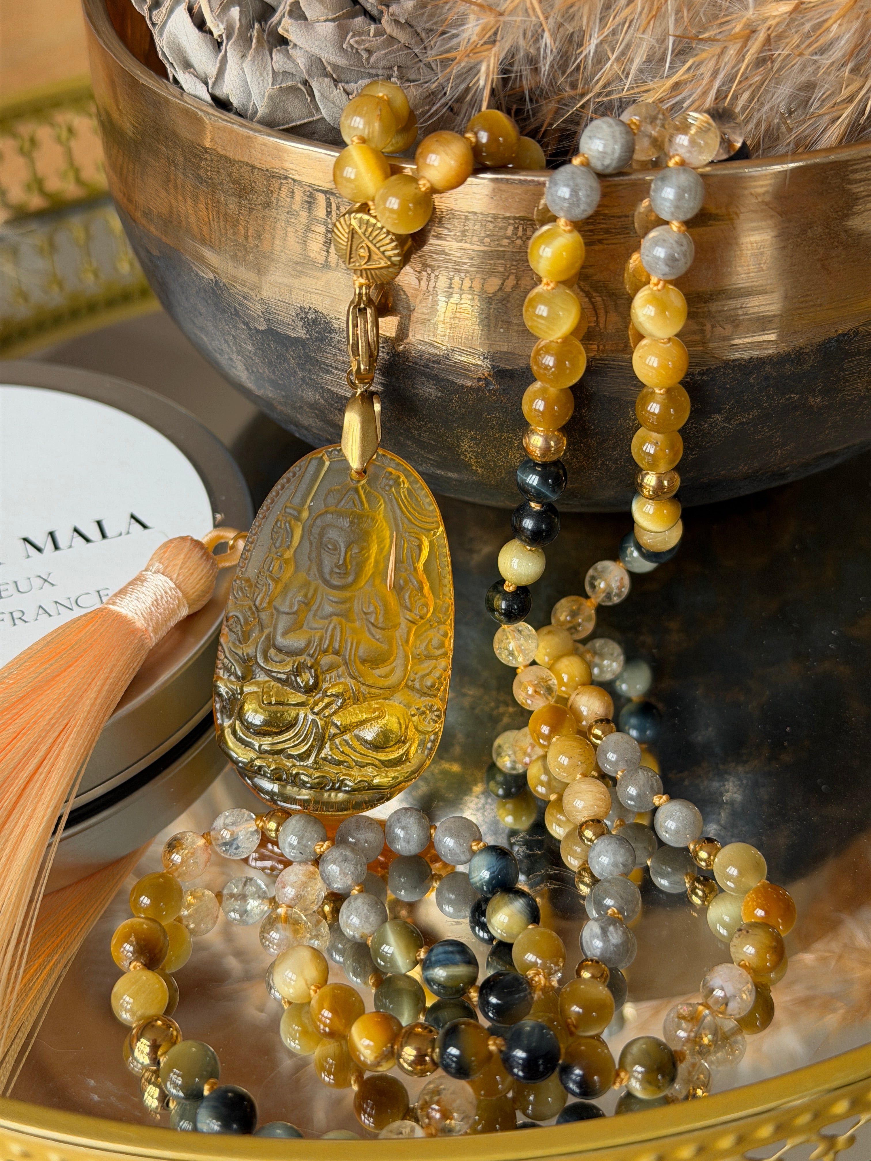 Mala n°114 - Oser rayonner - Oeil de tigre gris, Citrine, Labradorite et Oeil de tigre doré