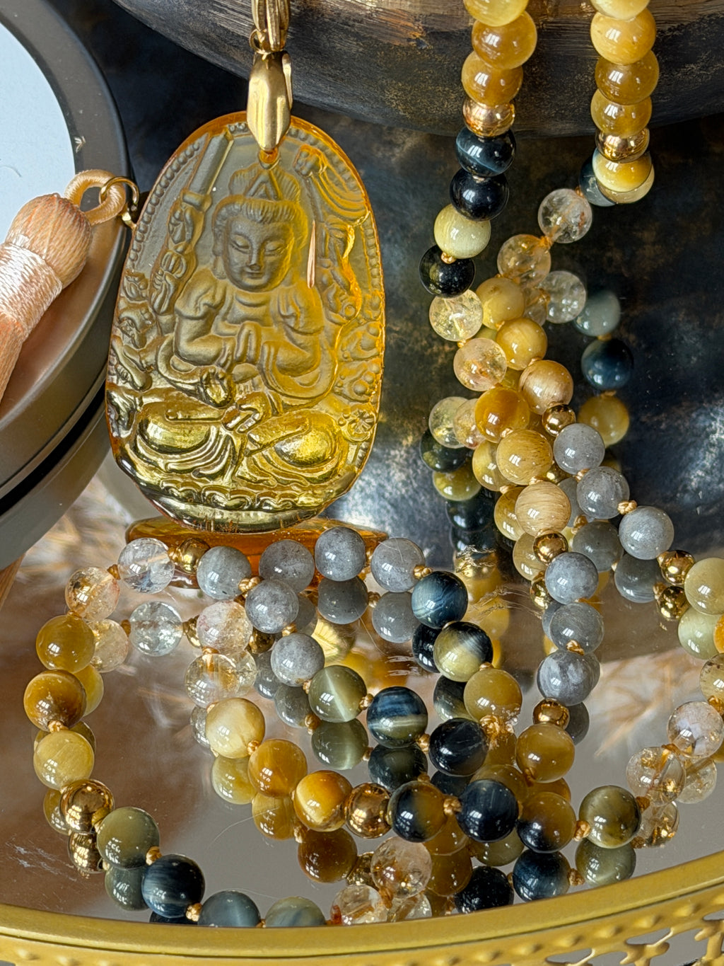 Mala n°114 - Oser rayonner - Oeil de tigre gris, Citrine, Labradorite et Oeil de tigre doré