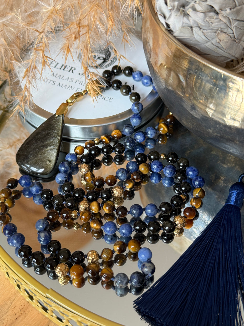 Mala n°115 - Force et Clarté - Oeil de tigre, Obsidienne dorée et Sodalite