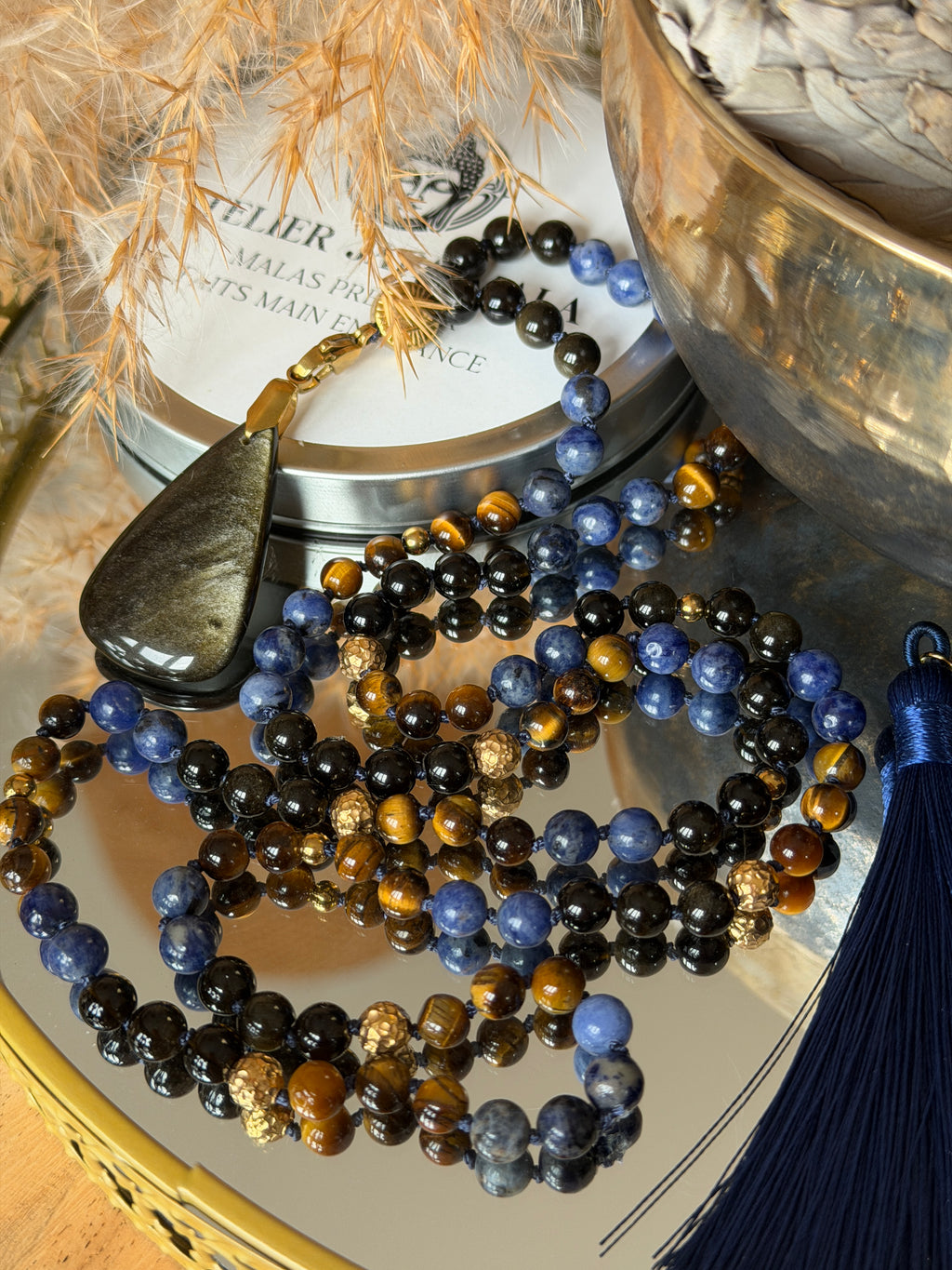 Mala n°115 - Force et Clarté - Oeil de tigre, Obsidienne dorée et Sodalite