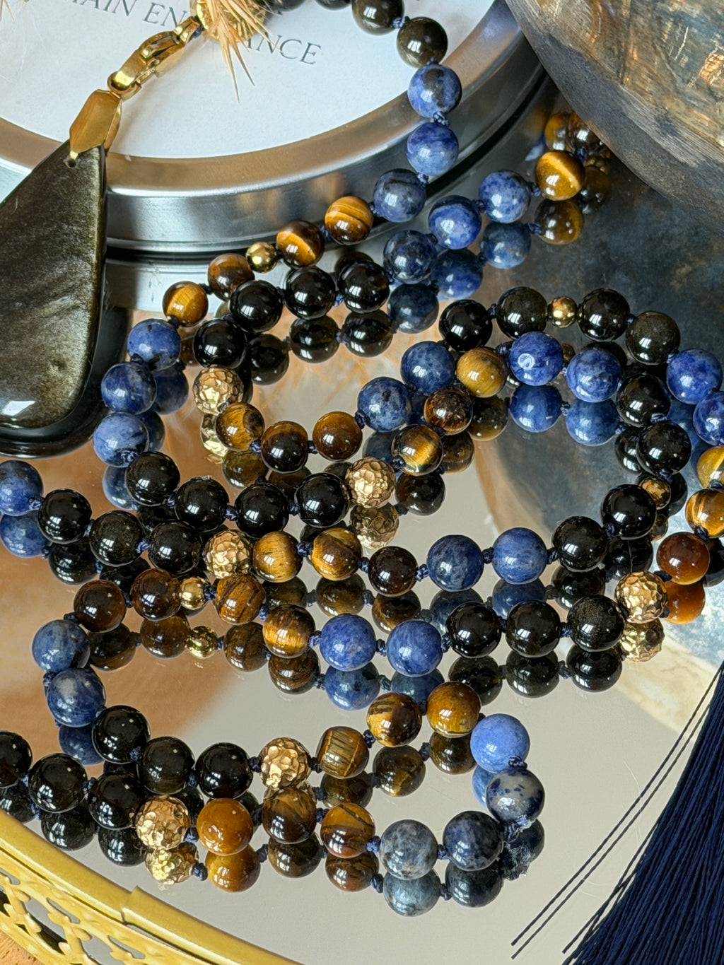 Mala n°115 - Force et Clarté - Oeil de tigre, Obsidienne dorée et Sodalite
