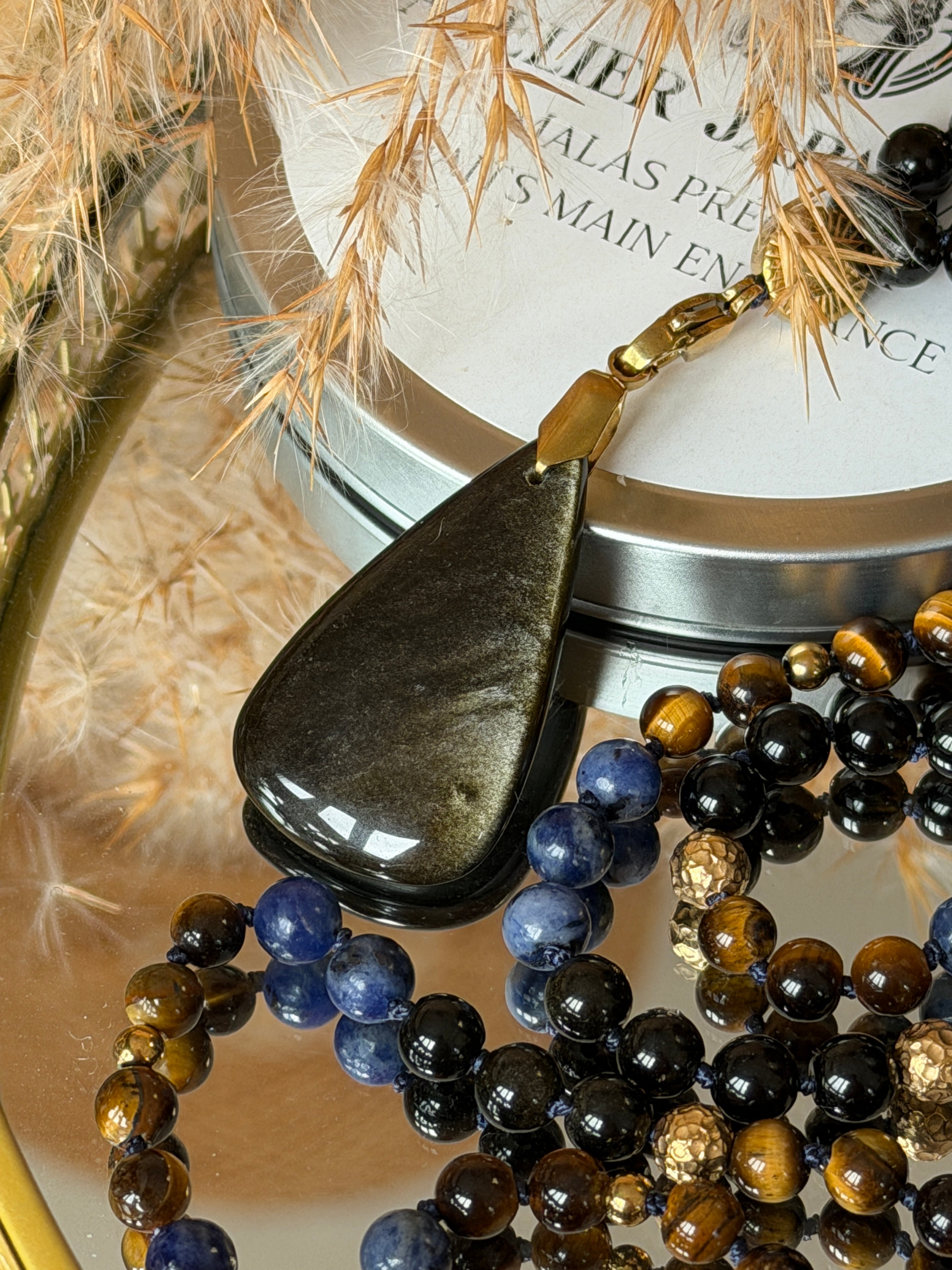 Mala n°115 - Force et Clarté - Oeil de tigre, Obsidienne dorée et Sodalite