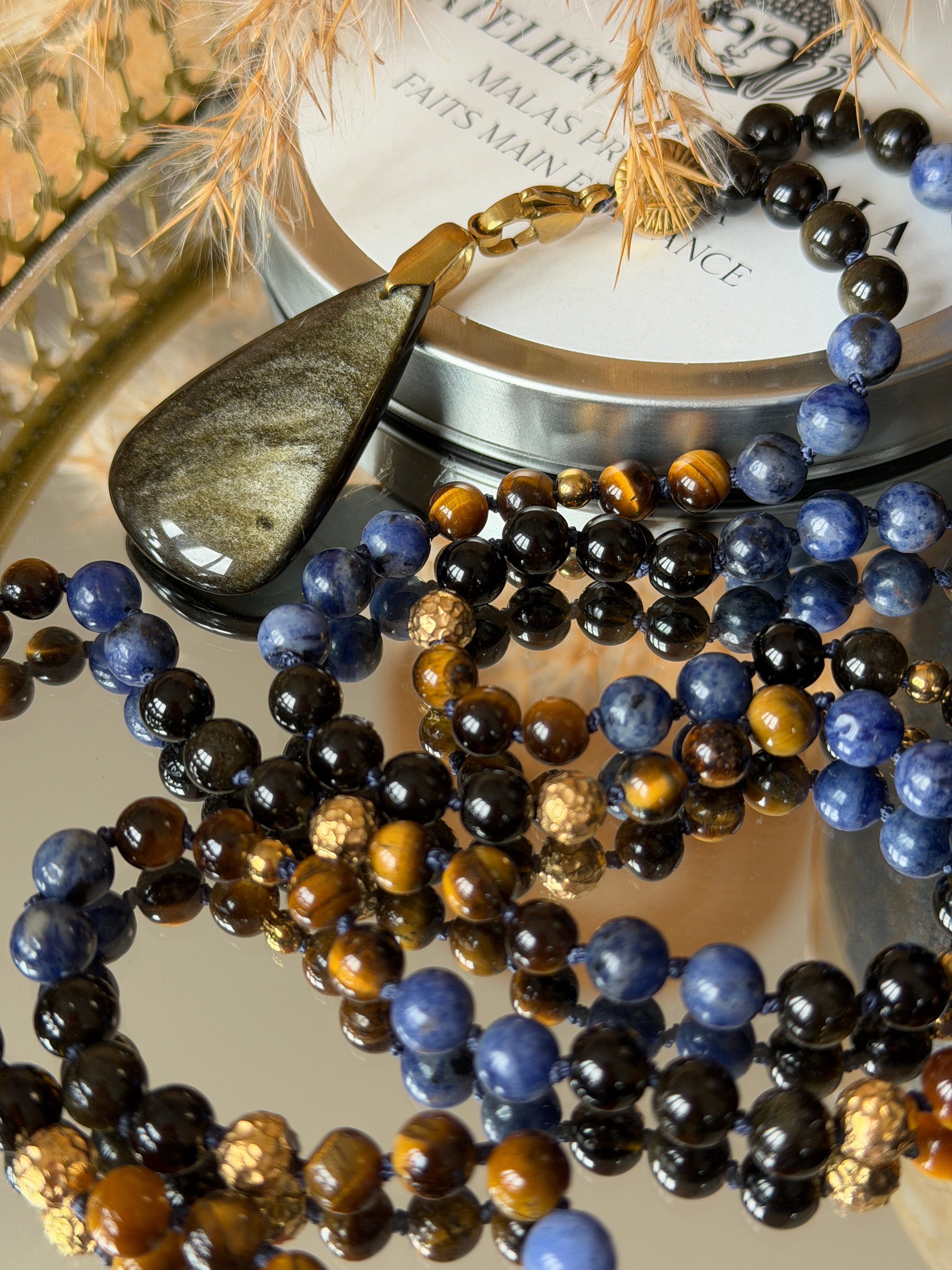 Mala n°115 - Force et Clarté - Oeil de tigre, Obsidienne dorée et Sodalite