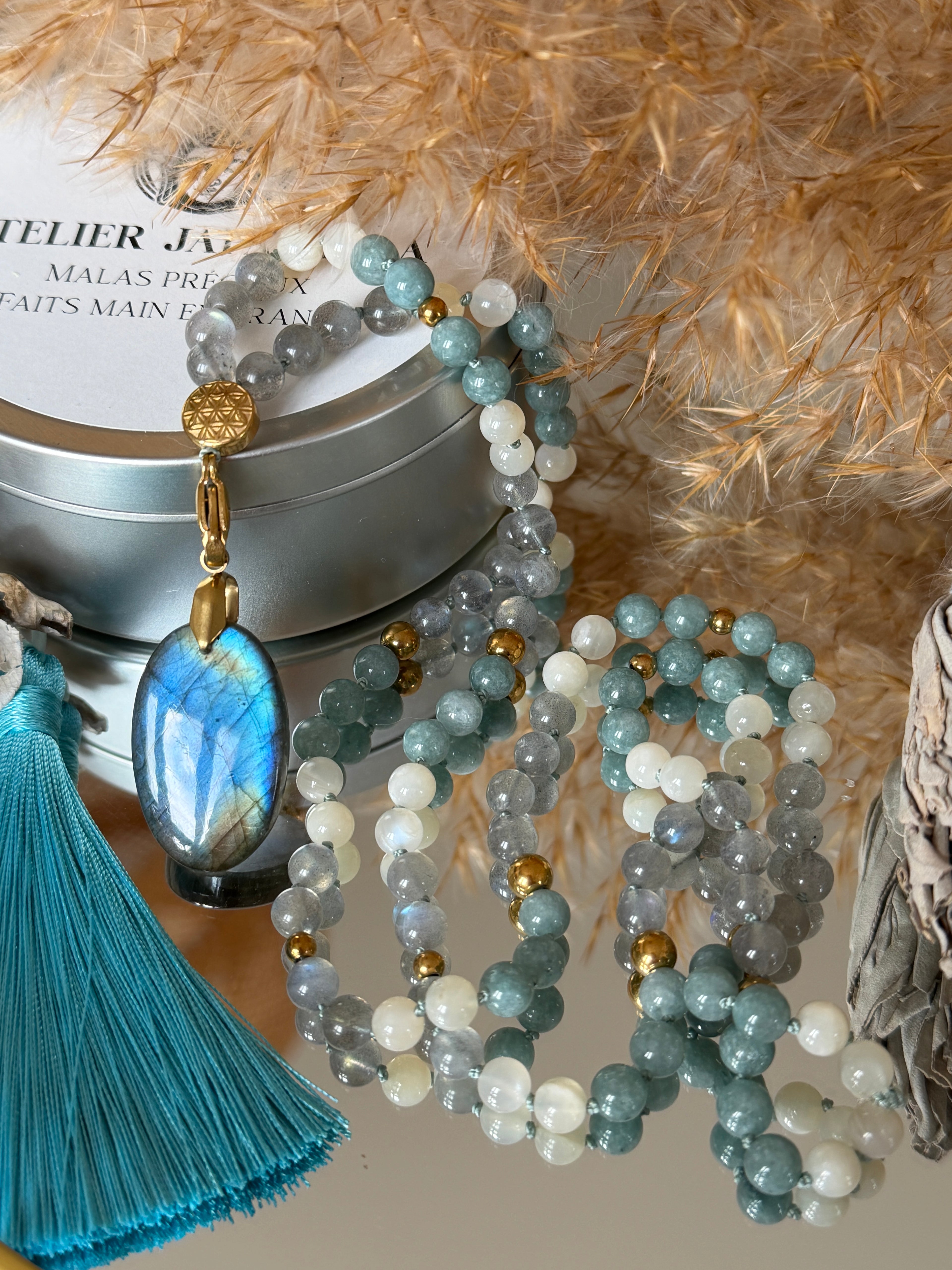 Mala n°106 - Suivre son chemin - Labradorite, Jade du Guatemala et Pierre de lune