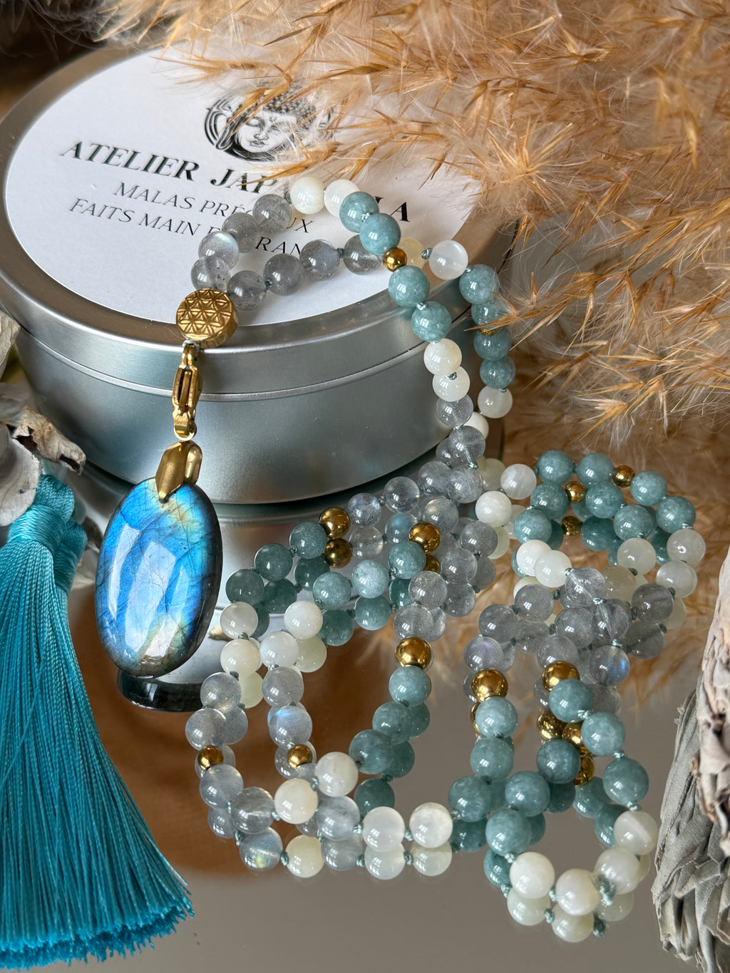 Mala n°106 - Suivre son chemin - Labradorite, Jade du Guatemala et Pierre de lune