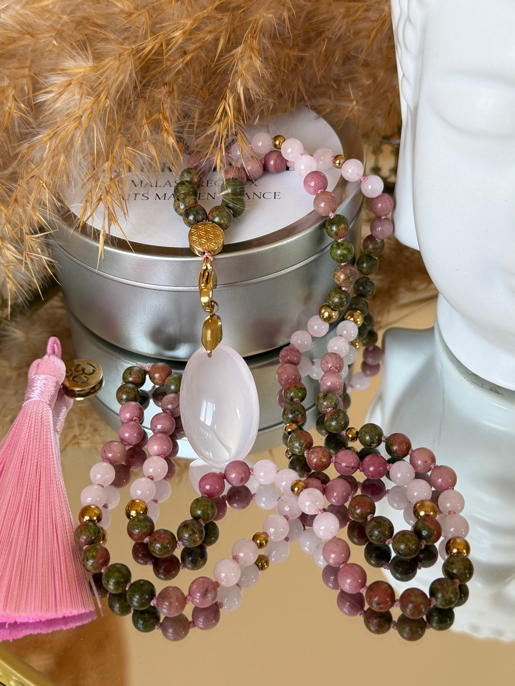 Mala n°133 - Réconciliation - Unakite, Rhodonite et Quartz rose