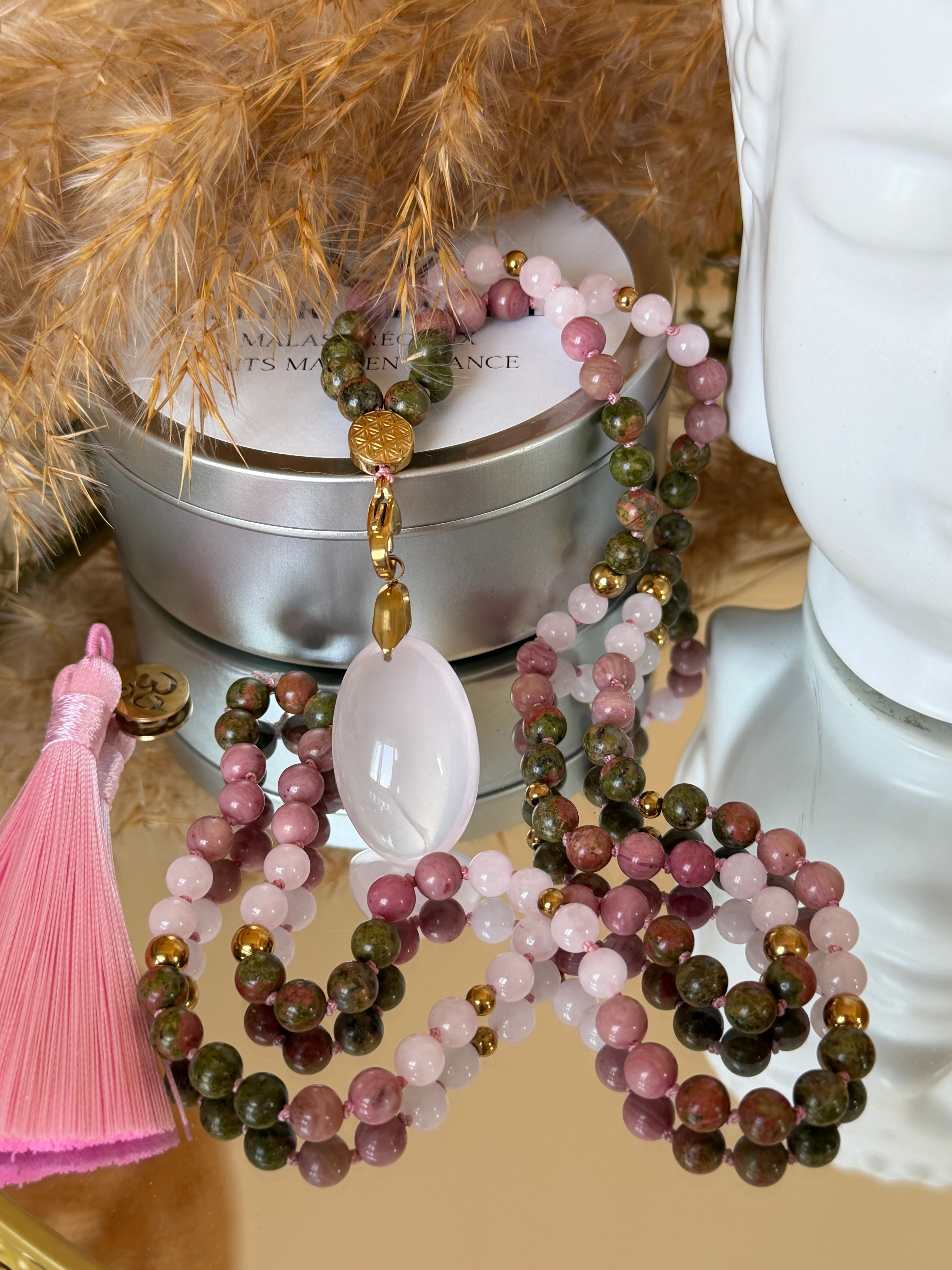 Mala n°133 - Réconciliation - Unakite, Rhodonite et Quartz rose