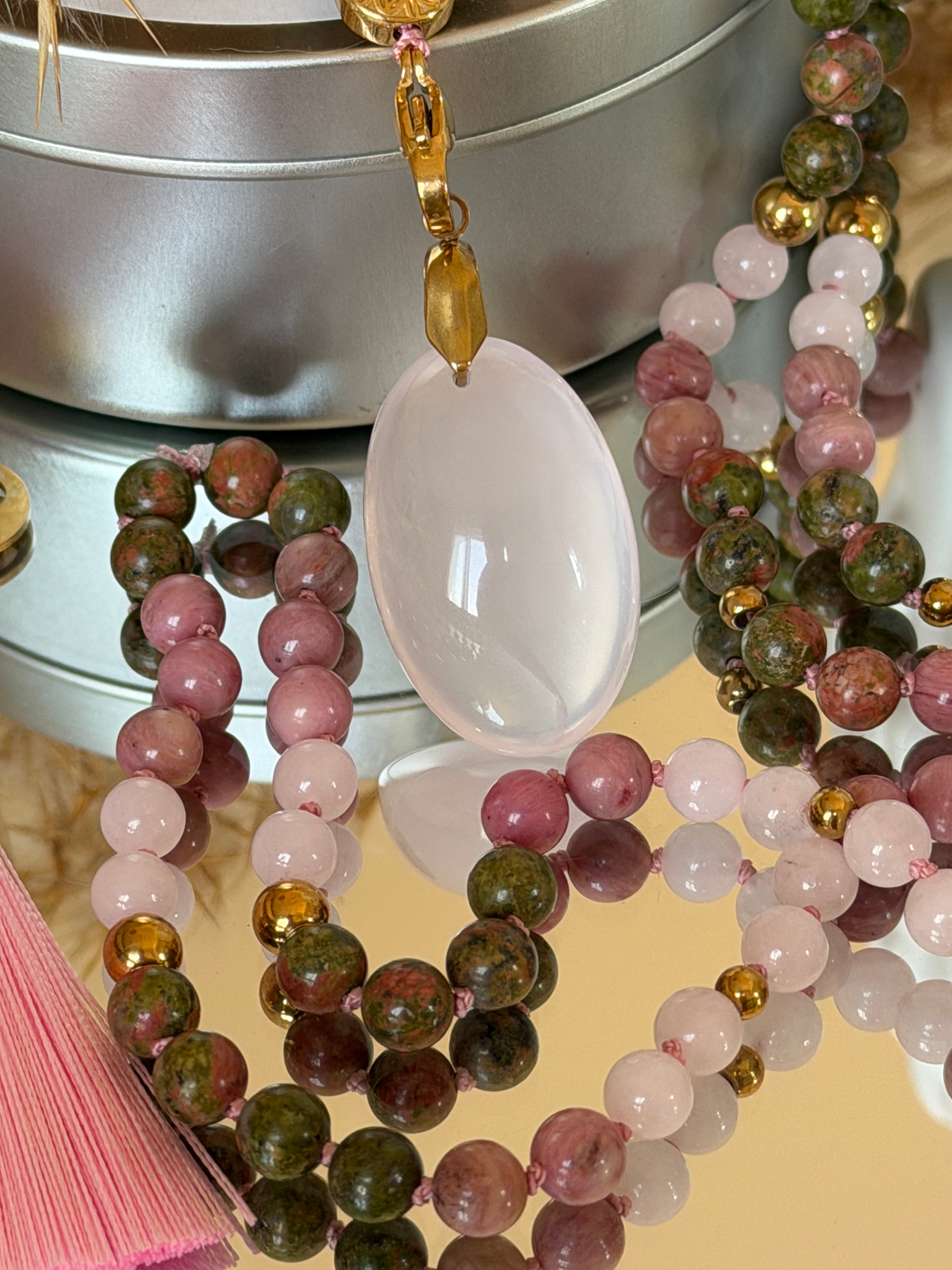 Mala n°133 - Réconciliation - Unakite, Rhodonite et Quartz rose