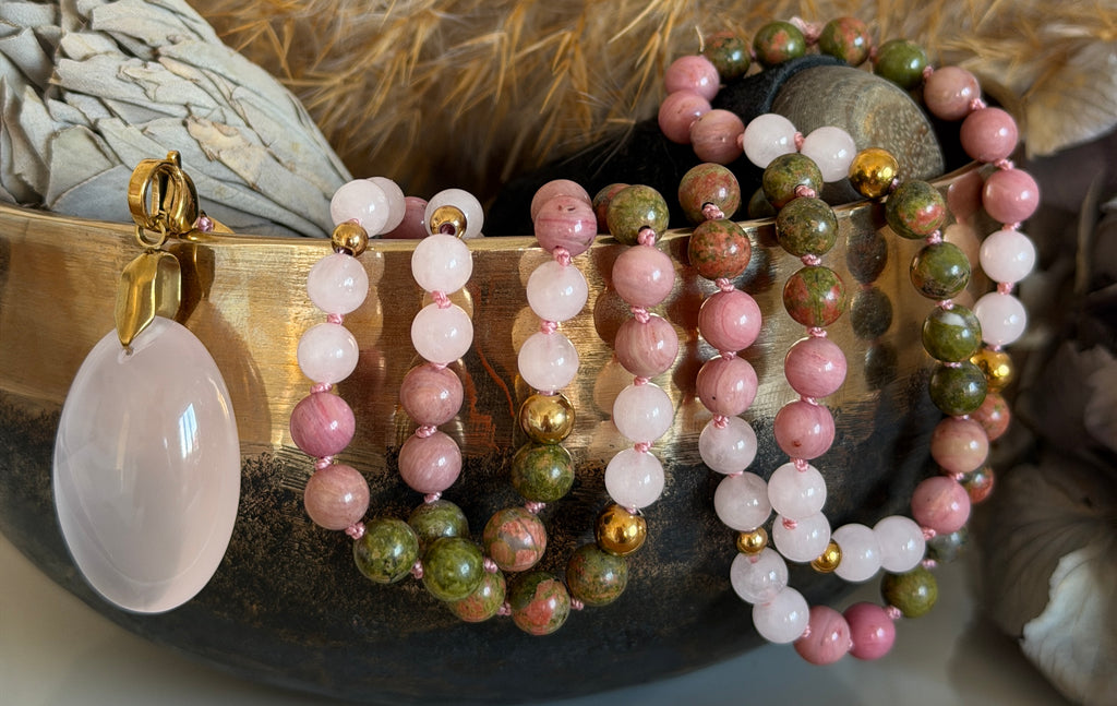 Mala n°133 - Réconciliation - Unakite, Rhodonite et Quartz rose