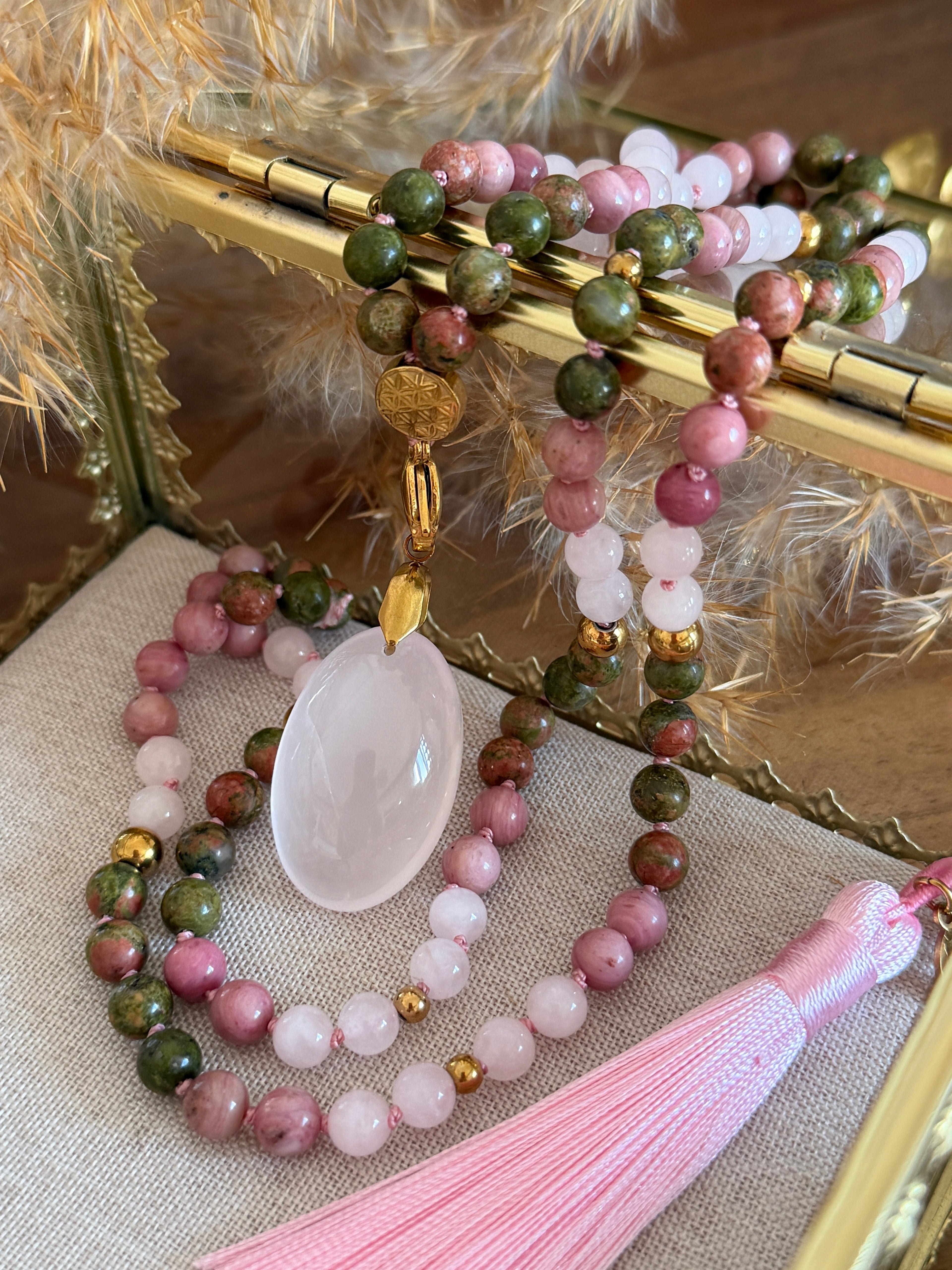 Mala n°133 - Réconciliation - Unakite, Rhodonite et Quartz rose