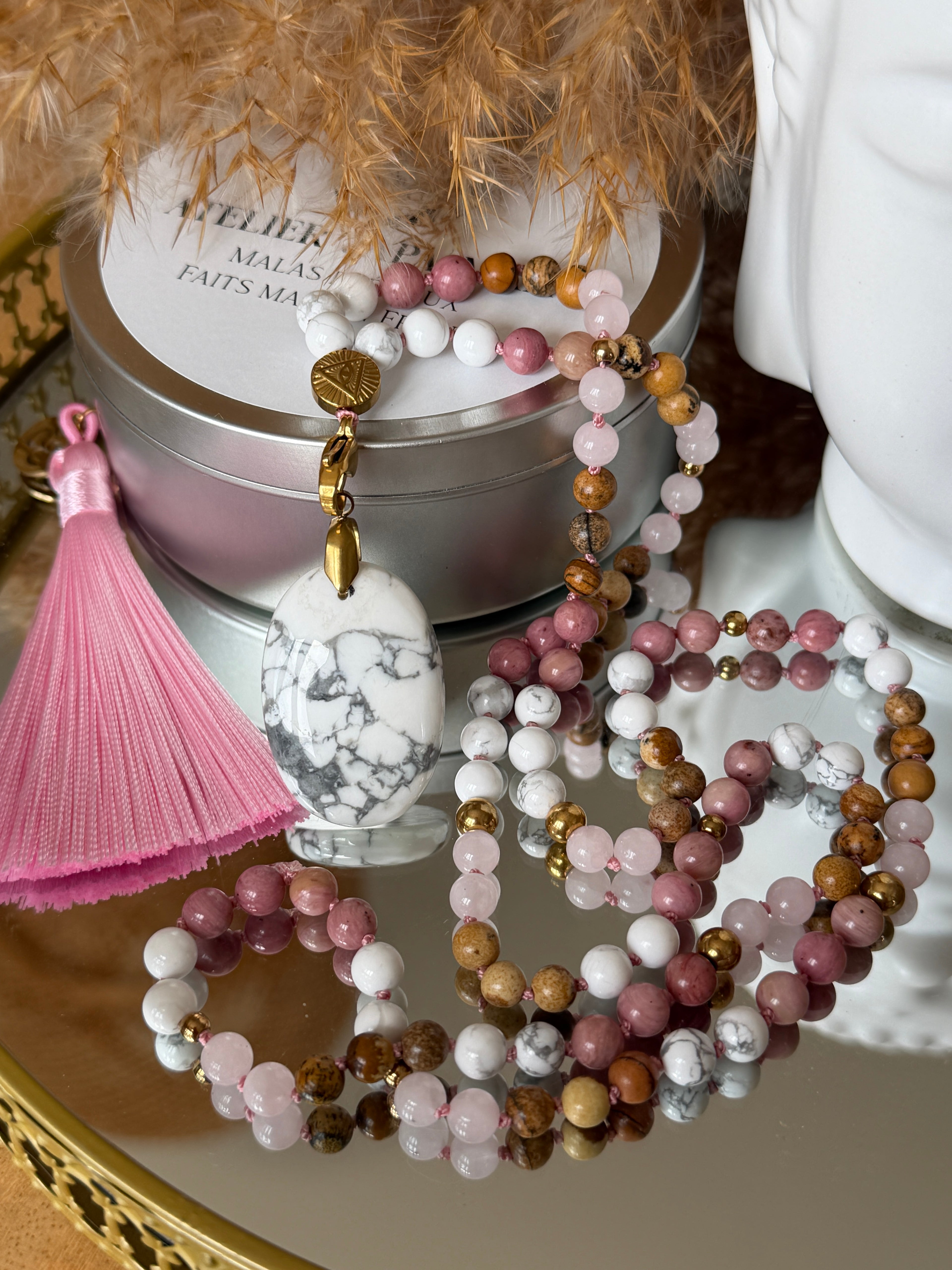 Mala n°129 - Se retrouver - Howlite, Rhodonite, Quartz rose et Jaspe paysage