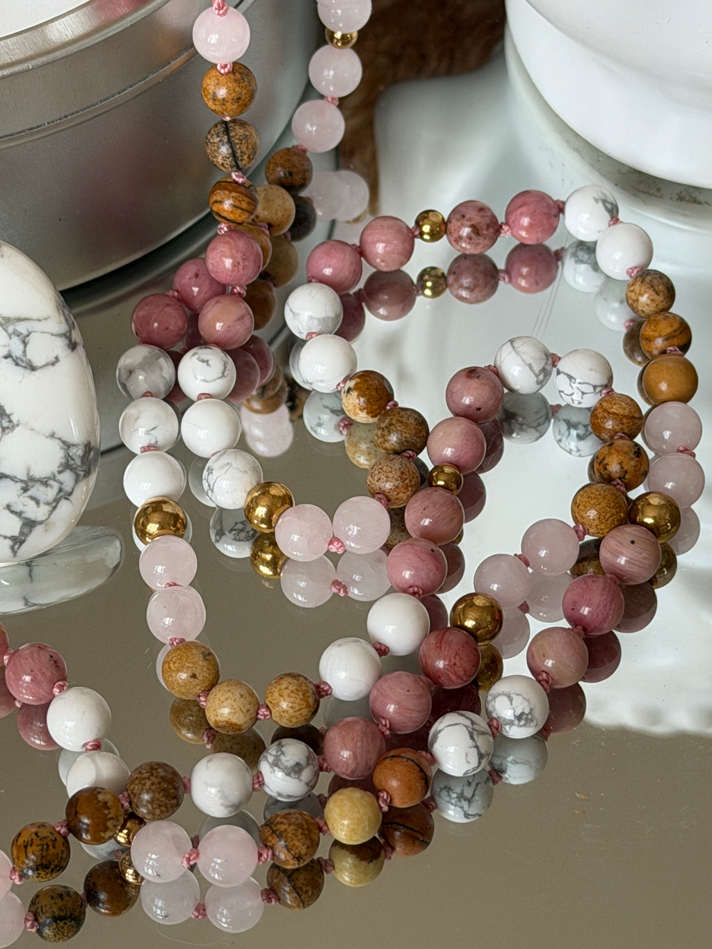 Mala n°129 - Se retrouver - Howlite, Rhodonite, Quartz rose et Jaspe paysage