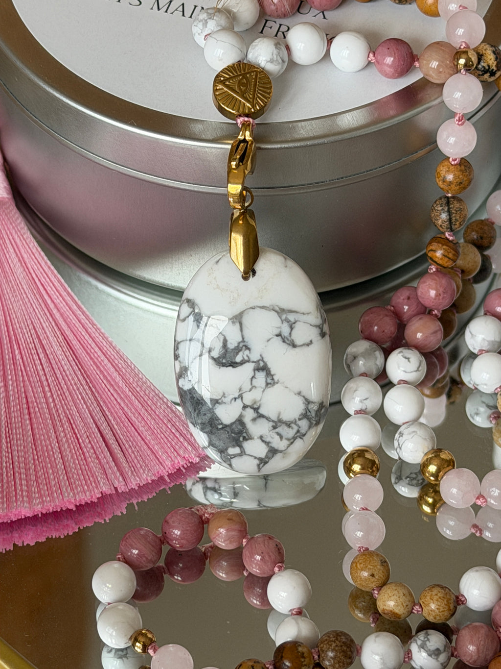 Mala n°129 - Se retrouver - Howlite, Rhodonite, Quartz rose et Jaspe paysage