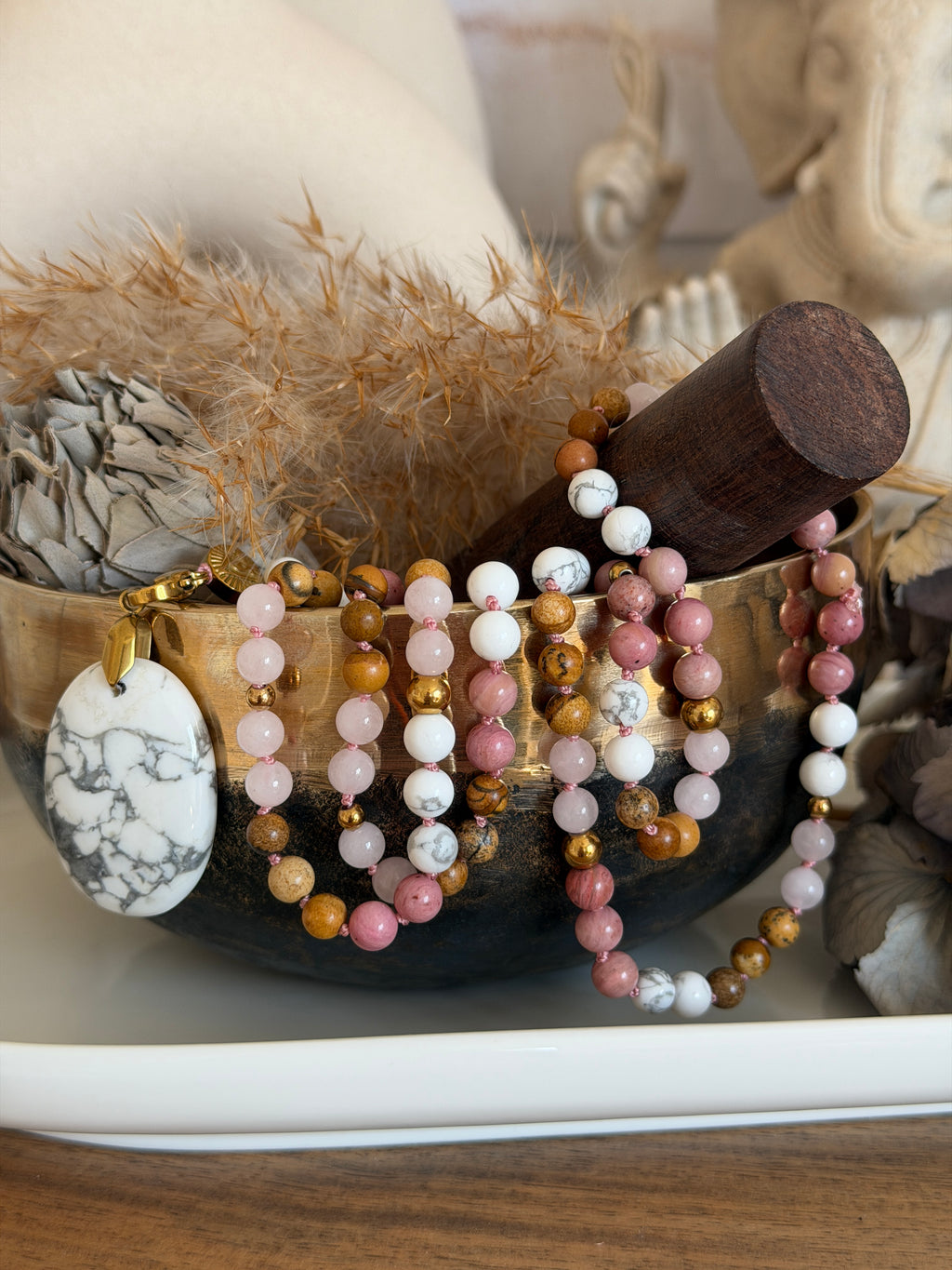 Mala n°129 - Se retrouver - Howlite, Rhodonite, Quartz rose et Jaspe paysage