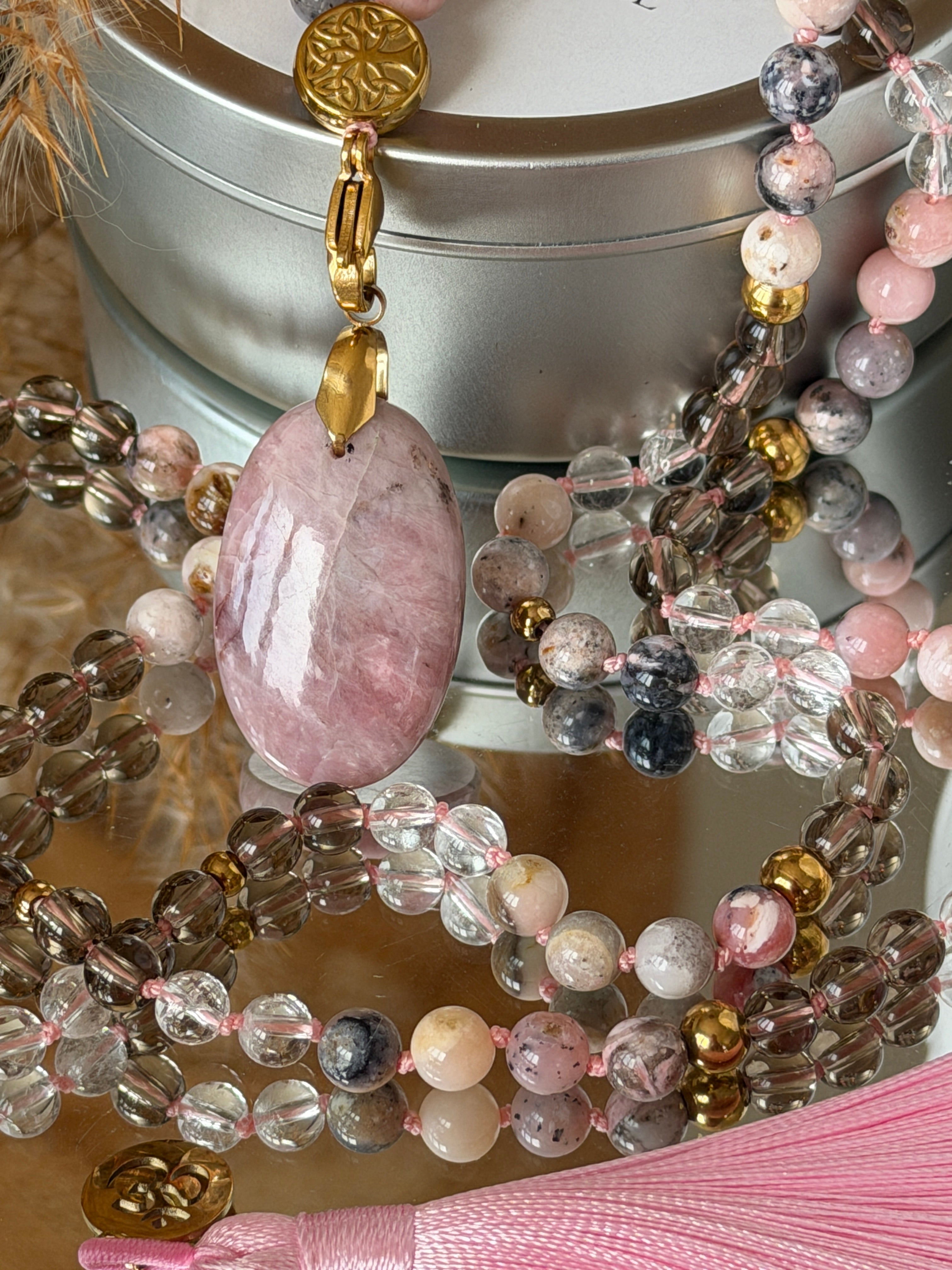 Mala n°137 - Nouveau souffle - Opale rose, Quartz fumé et Cristal de roche