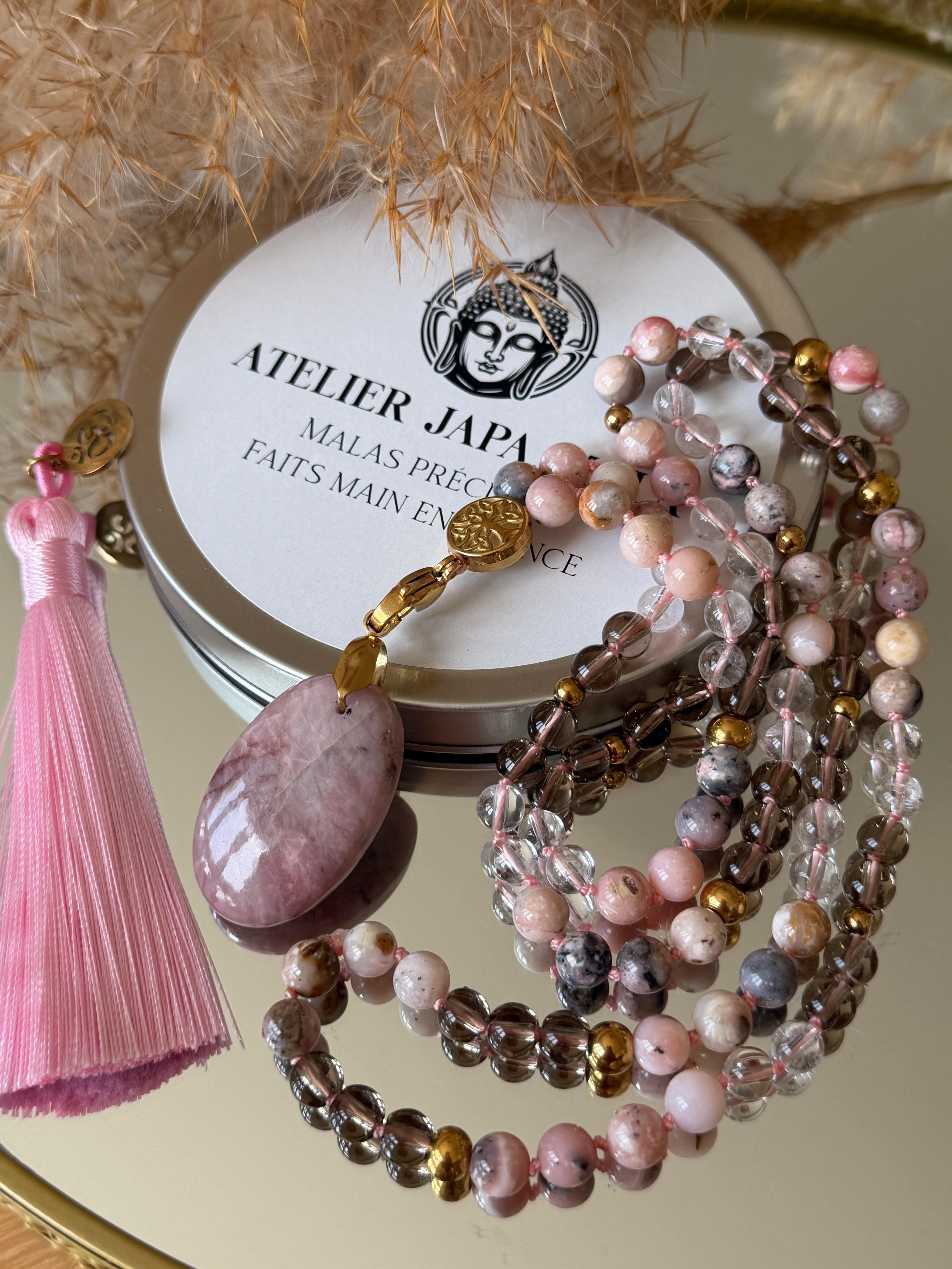 Mala n°137 - Nouveau souffle - Opale rose, Quartz fumé et Cristal de roche
