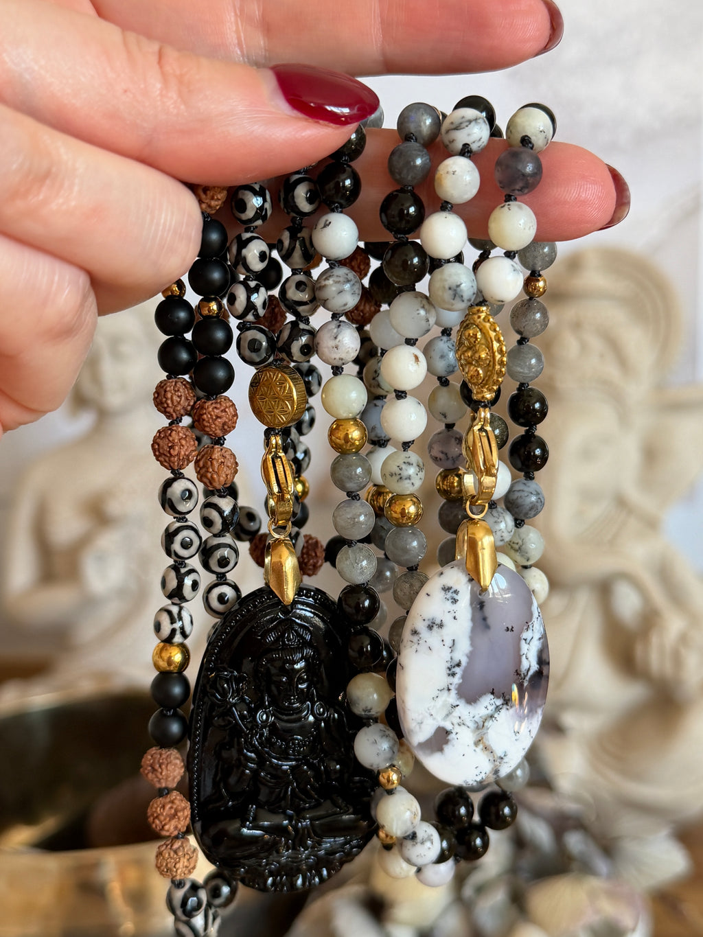 Mala n°134 - Clairvoyance - Opale dendritique, Obsidienne dorée et Labradorite