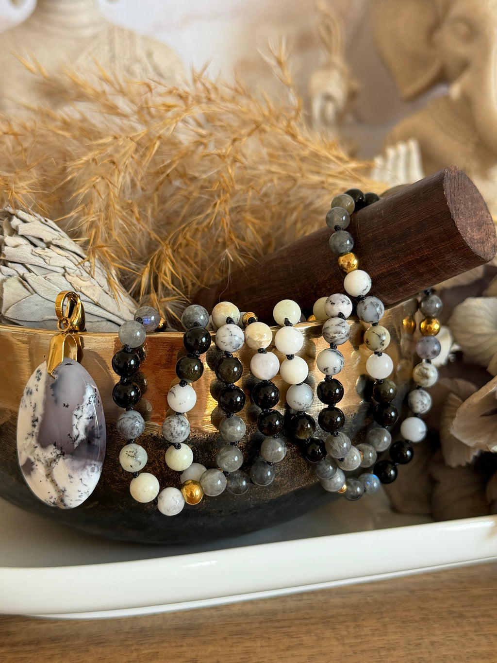 Mala n°134 - Clairvoyance - Opale dendritique, Obsidienne dorée et Labradorite