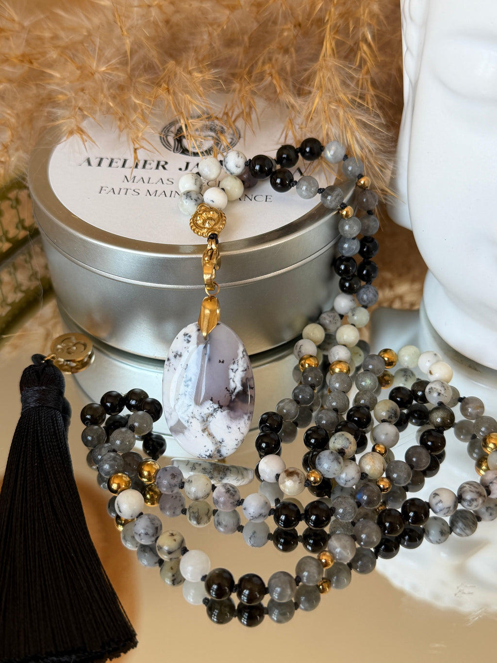 Mala n°134 - Clairvoyance - Opale dendritique, Obsidienne dorée et Labradorite
